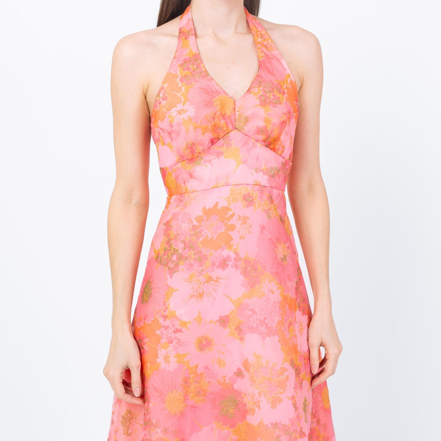 Vintage 70s Pink Floral Organza Maxi Dress - Petite Small | Boho Hippie Halter Sundress