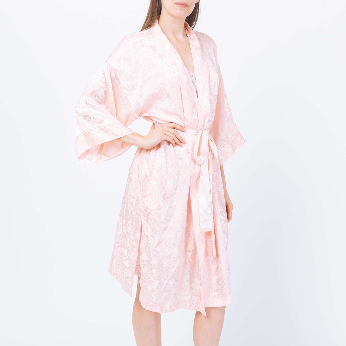 Vintage 90s Victoria's Secret Pink Jacquard Satin Robe - One Size | Floral Loungewear Mini Kimono