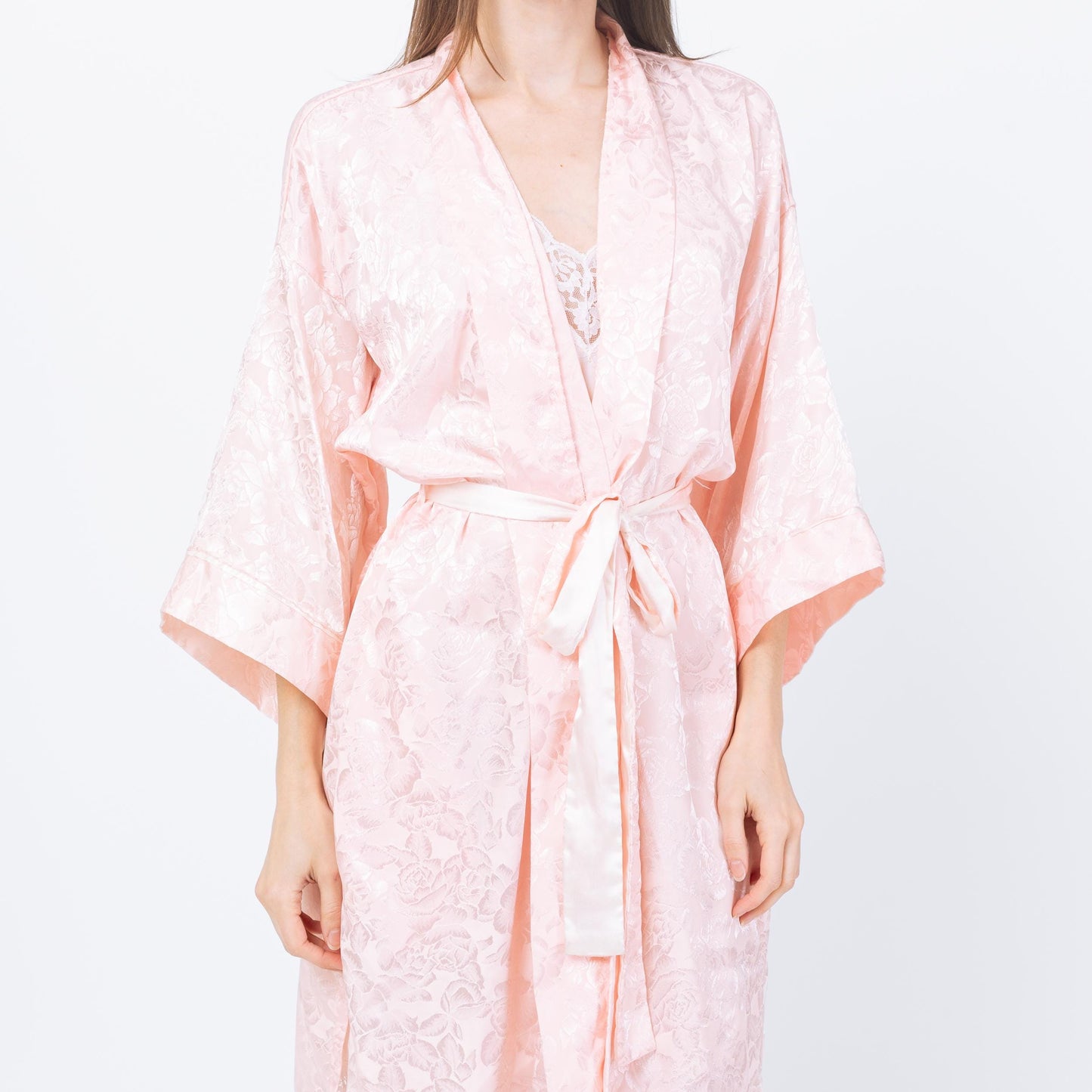 Vintage 90s Victoria's Secret Pink Jacquard Satin Robe - One Size | Floral Loungewear Mini Kimono