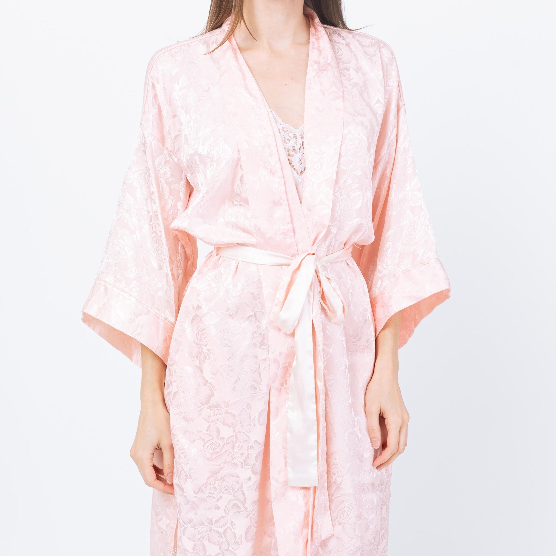 Vintage 90s Victoria's Secret Pink Jacquard Satin Robe - One Size | Floral Loungewear Mini Kimono