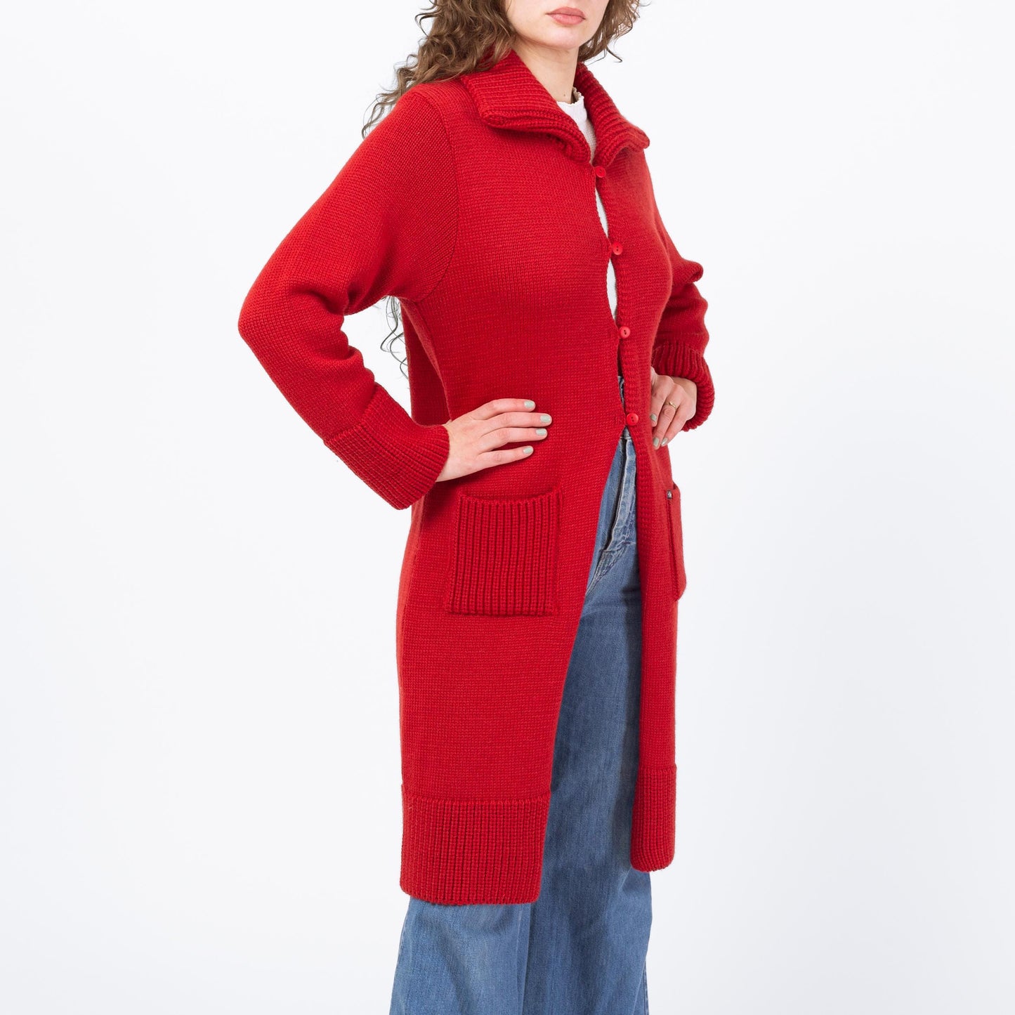 Vintage 90s Red Irish Wool Knit Long Cardigan - Medium