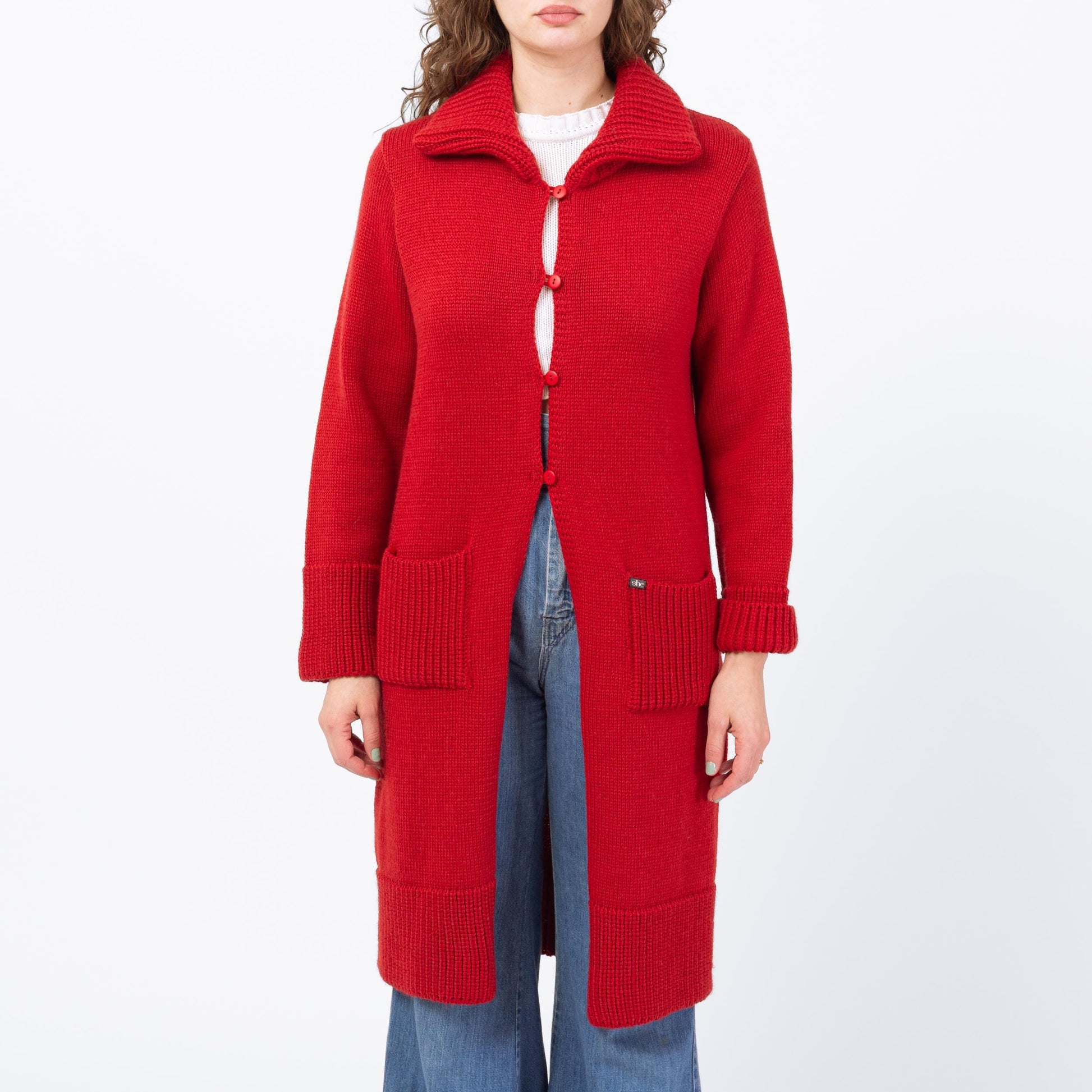 Vintage 90s Red Irish Wool Knit Long Cardigan - Medium