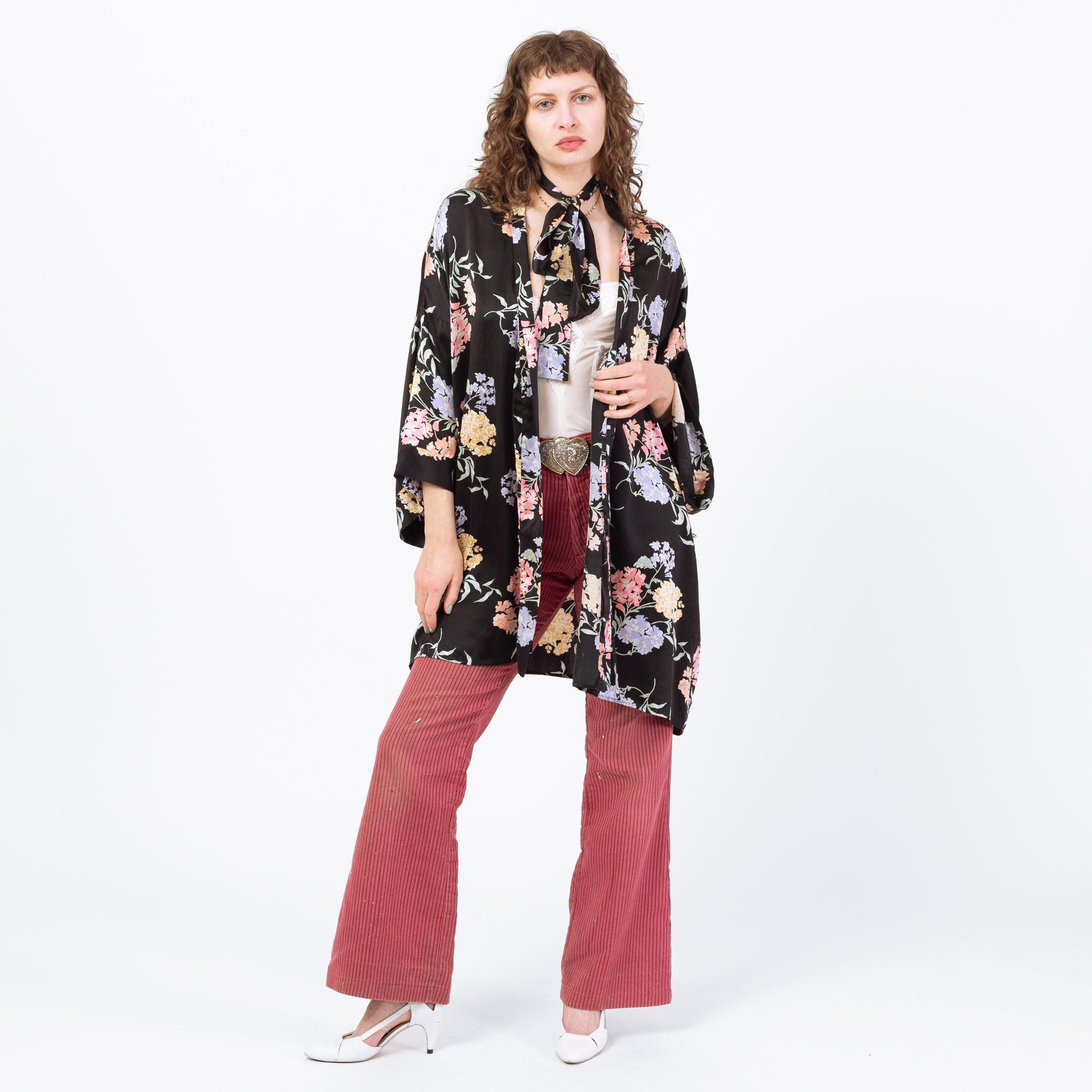 Vintage 90s Black Floral Silk Robe - Medium to Large