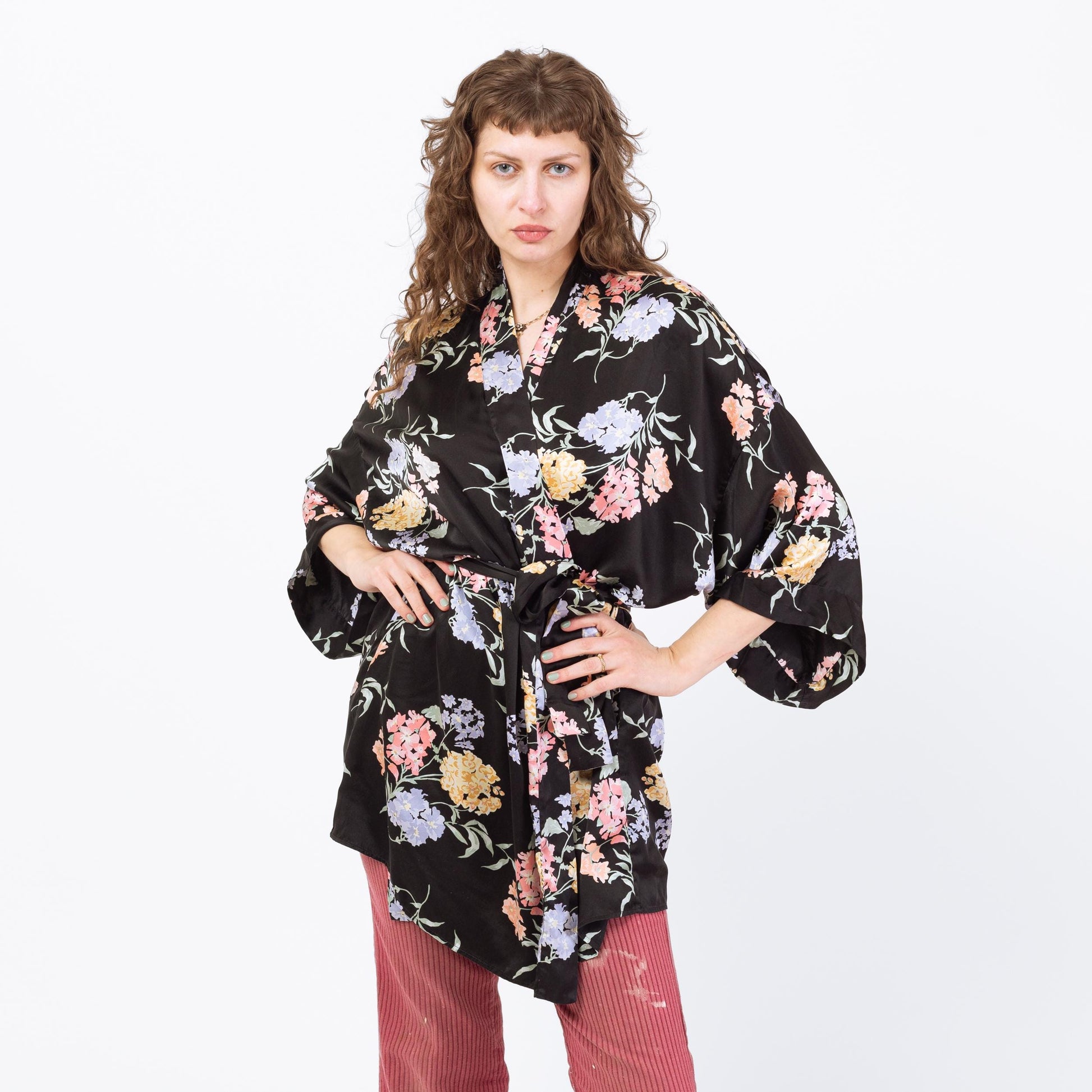 Vintage 90s Black Floral Silk Robe - Medium to Large