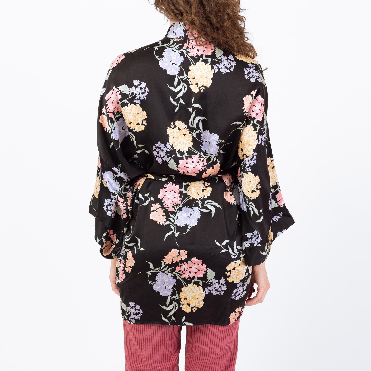 Vintage 90s Black Floral Silk Robe - Medium to Large