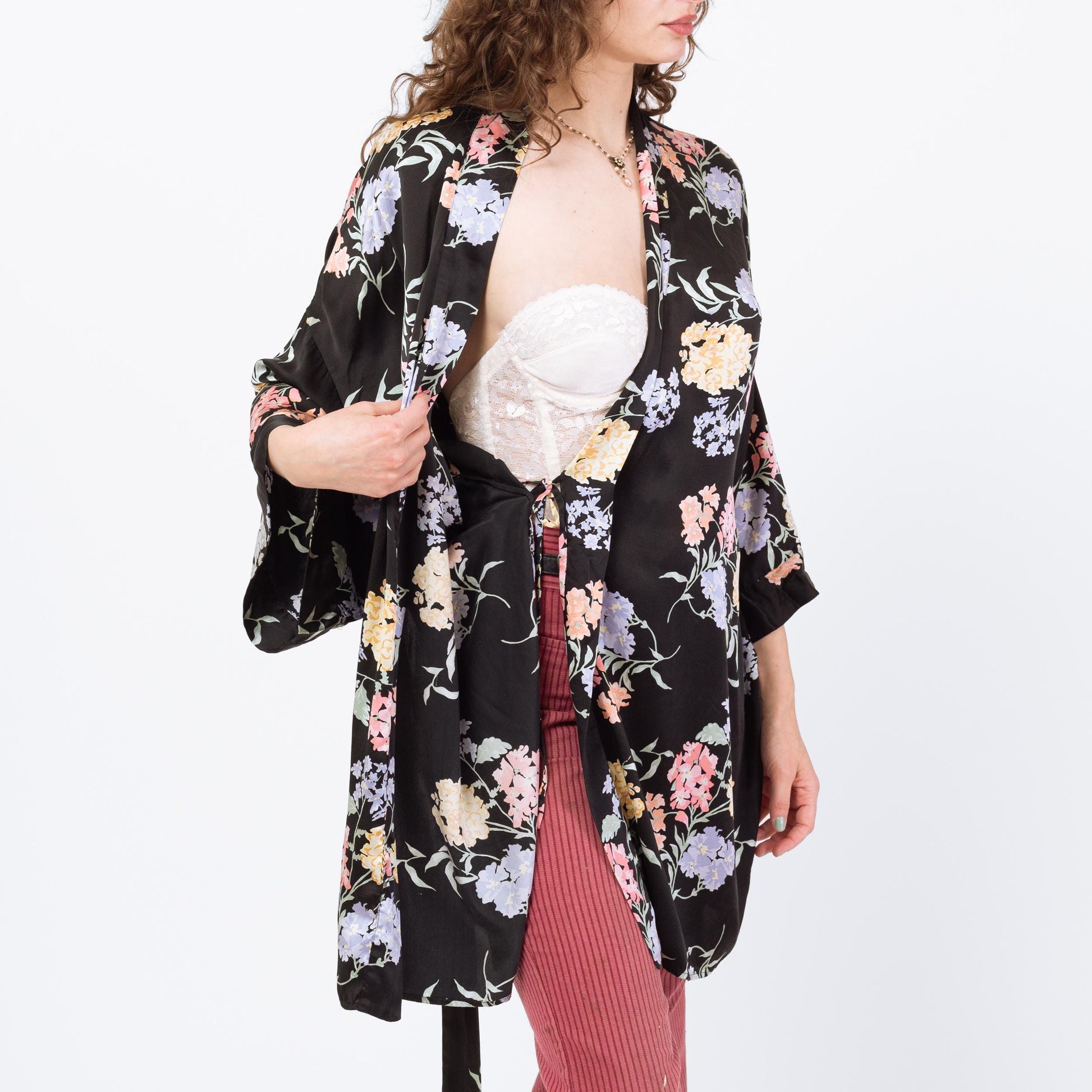 Vintage 90s Black Floral Silk Robe - Medium to Large