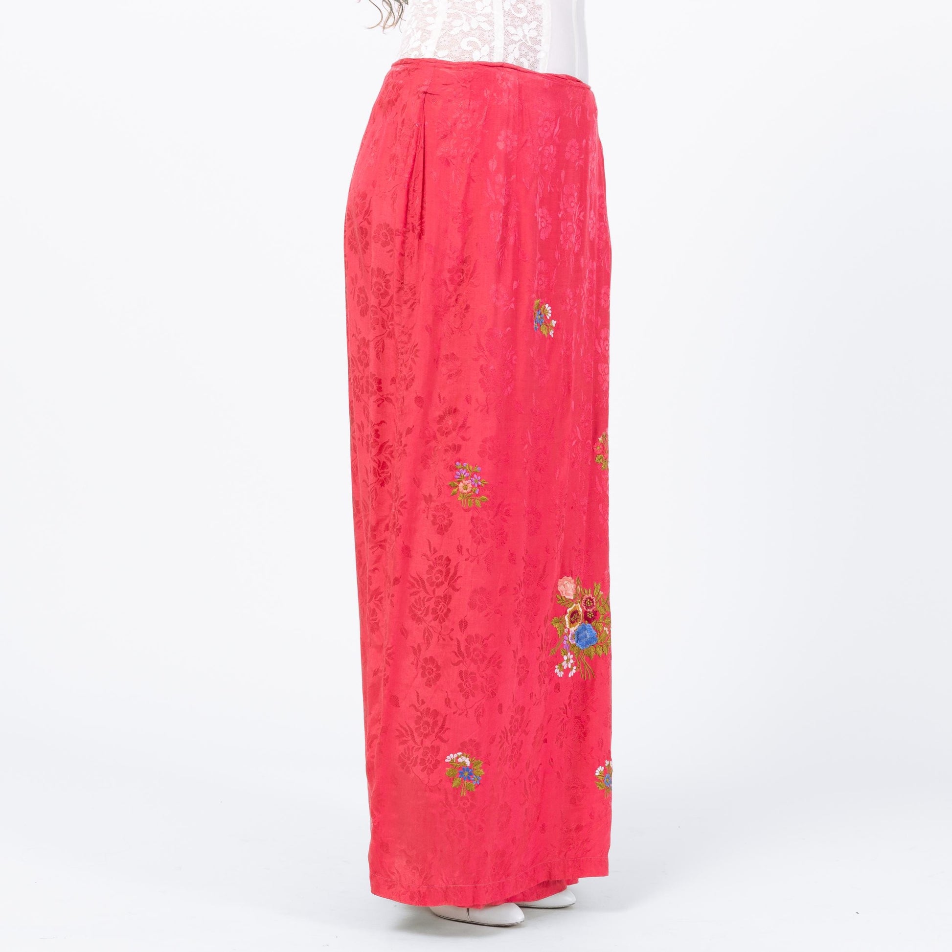 Vintage 90s Pink Floral Embroidered Maxi Wrap Skirt - Large