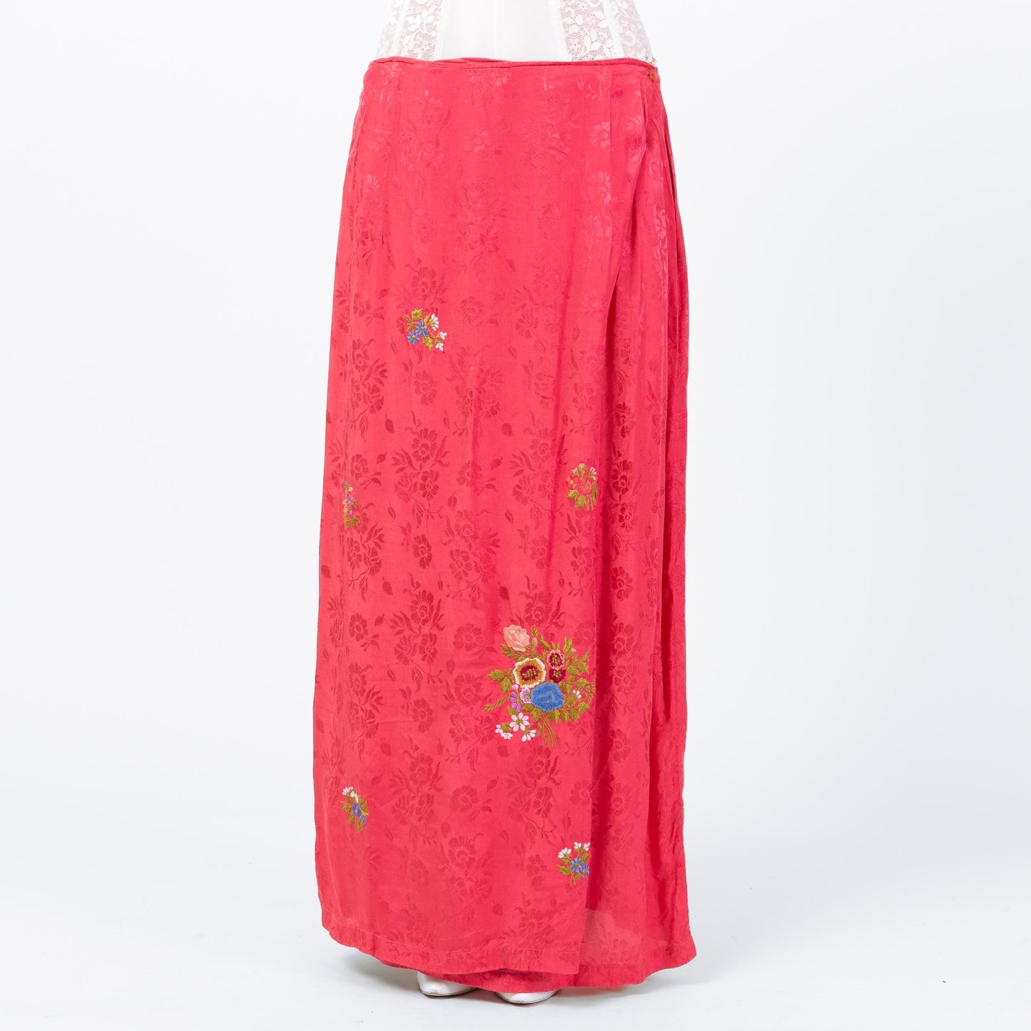 Vintage 90s Pink Floral Embroidered Maxi Wrap Skirt - Large