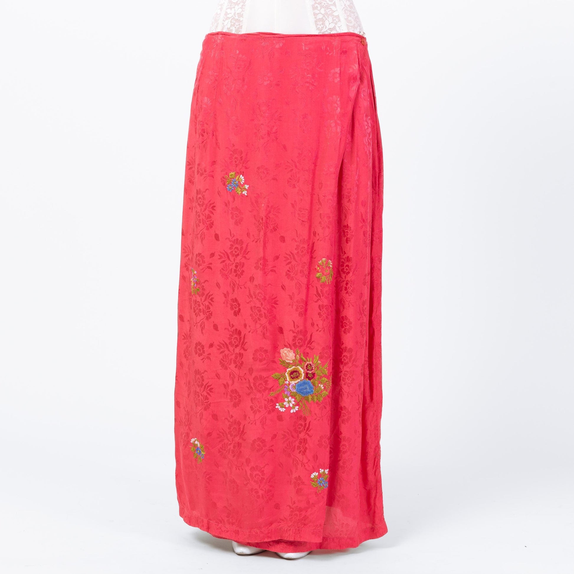 Vintage 90s Pink Floral Embroidered Maxi Wrap Skirt - Large