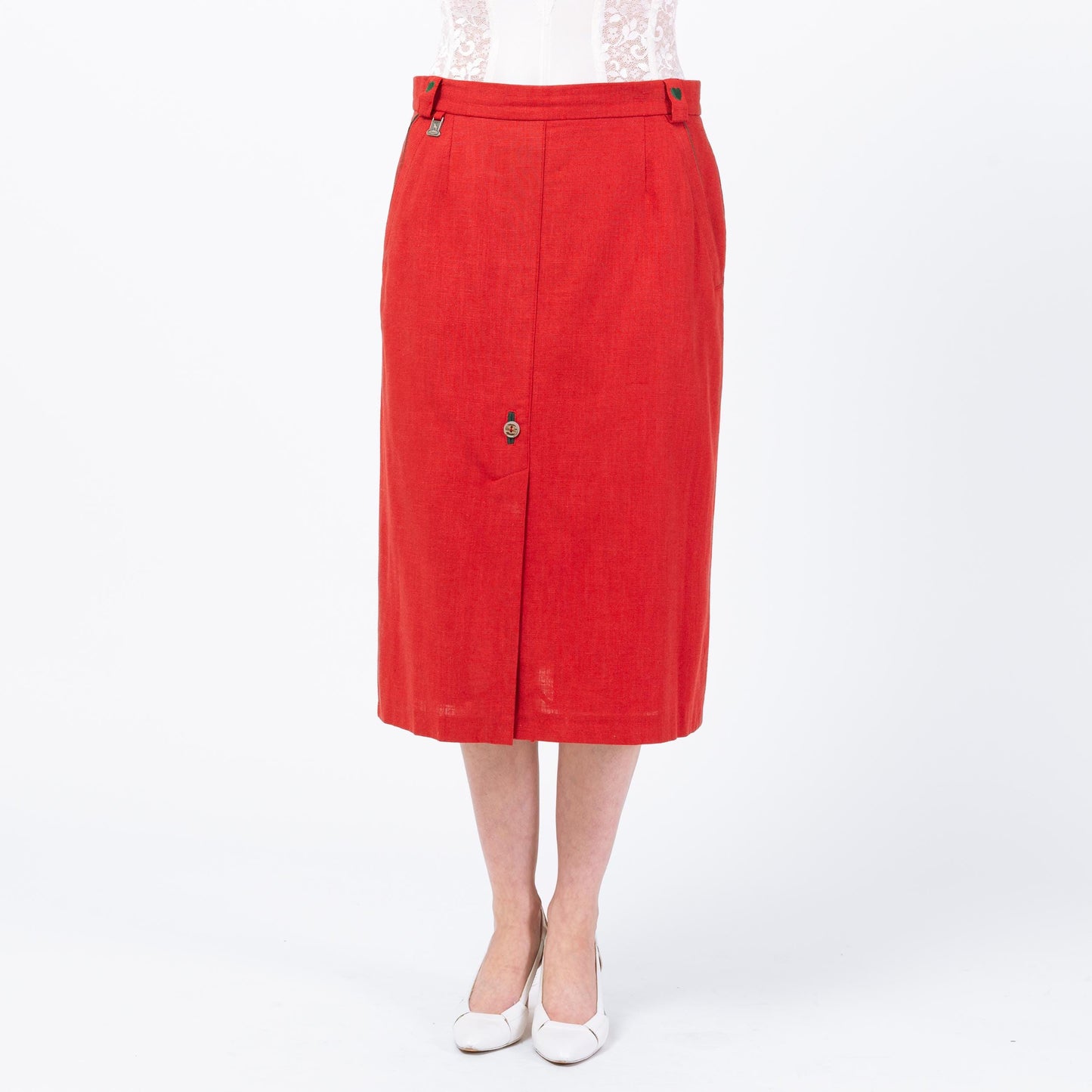 Vintage 90s Austrian Red Linen Embroidered Heart Folk Skirt - Large, 32" Waist