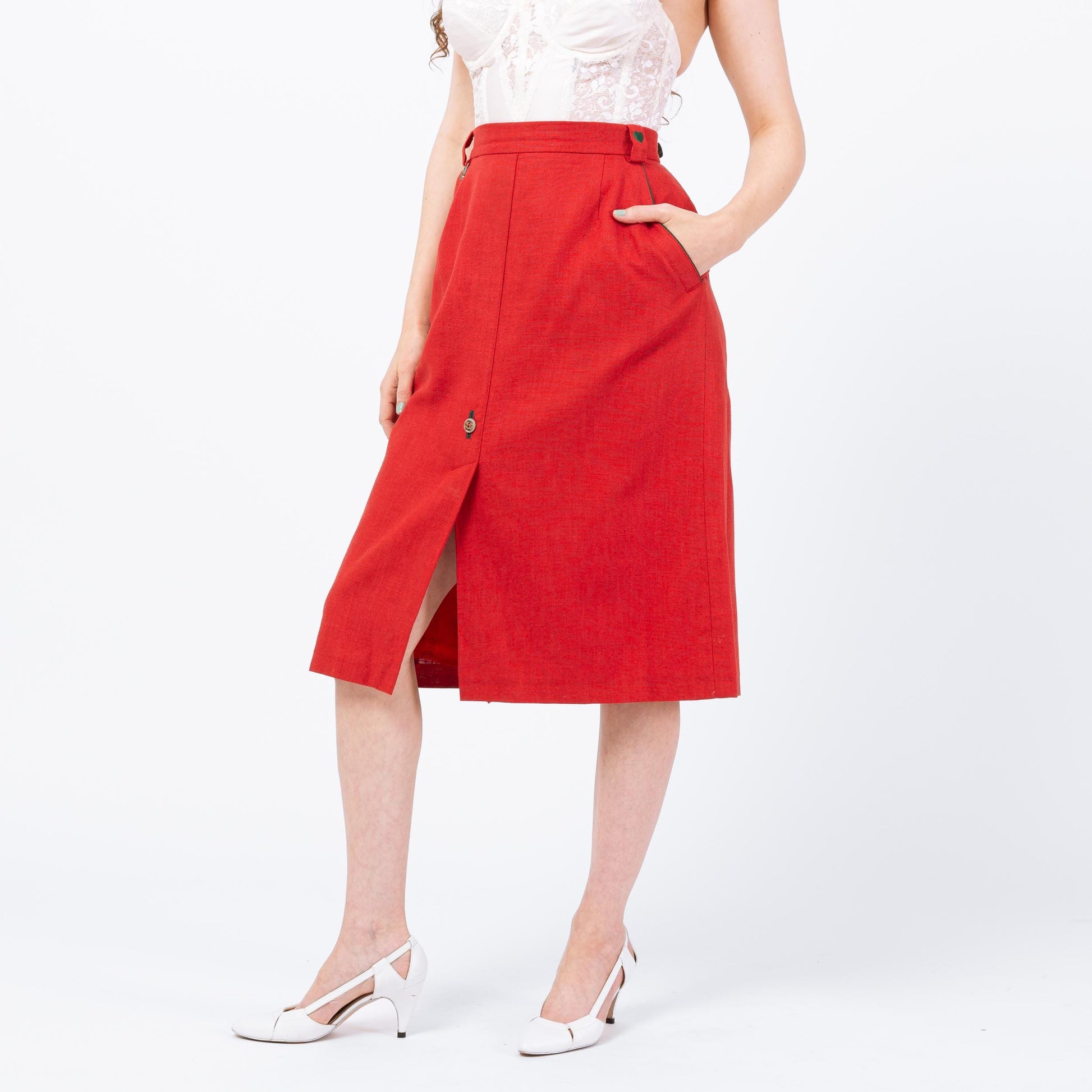 Vintage 90s Austrian Red Linen Embroidered Heart Folk Skirt - Large, 32" Waist