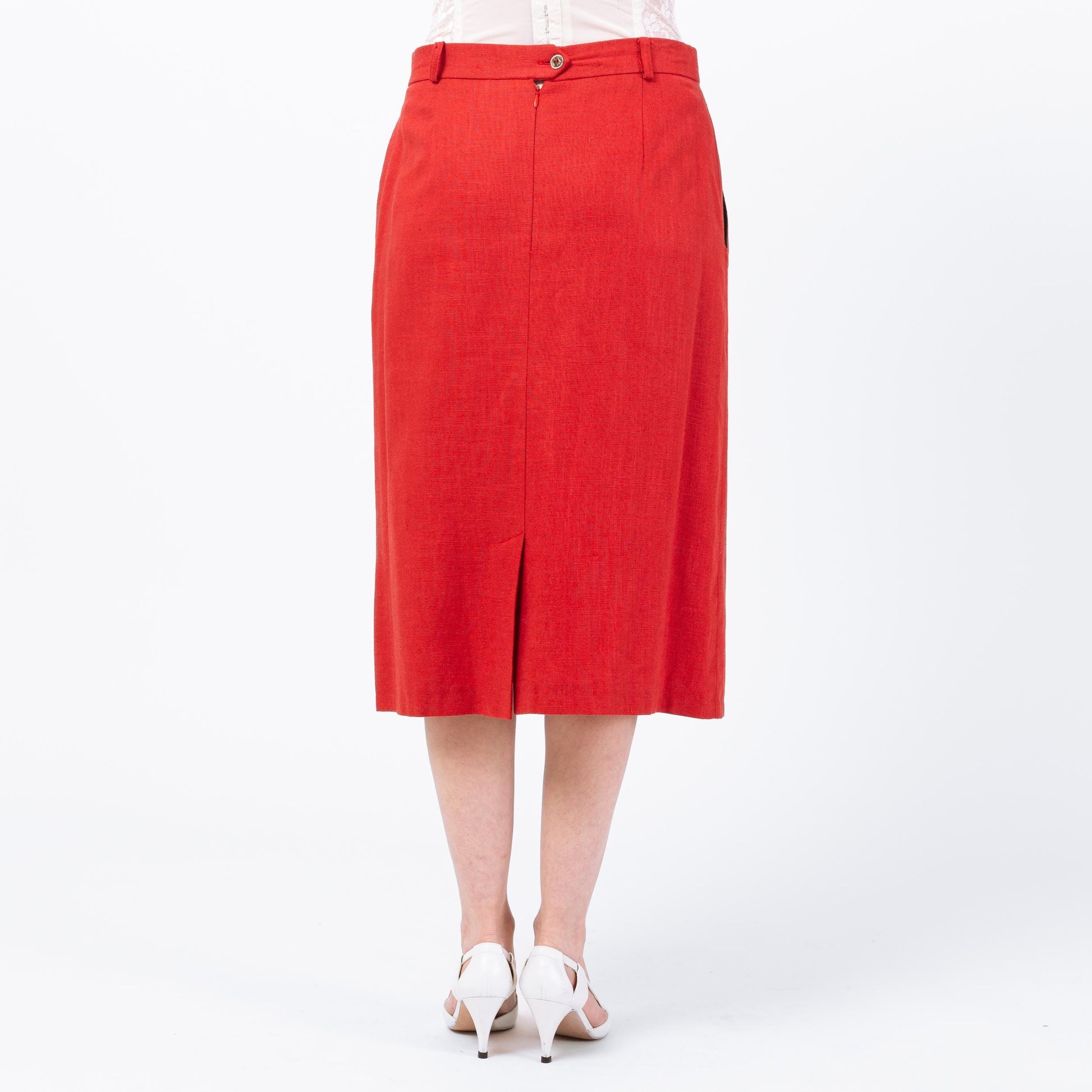 Vintage 90s Austrian Red Linen Embroidered Heart Folk Skirt - Large, 32" Waist