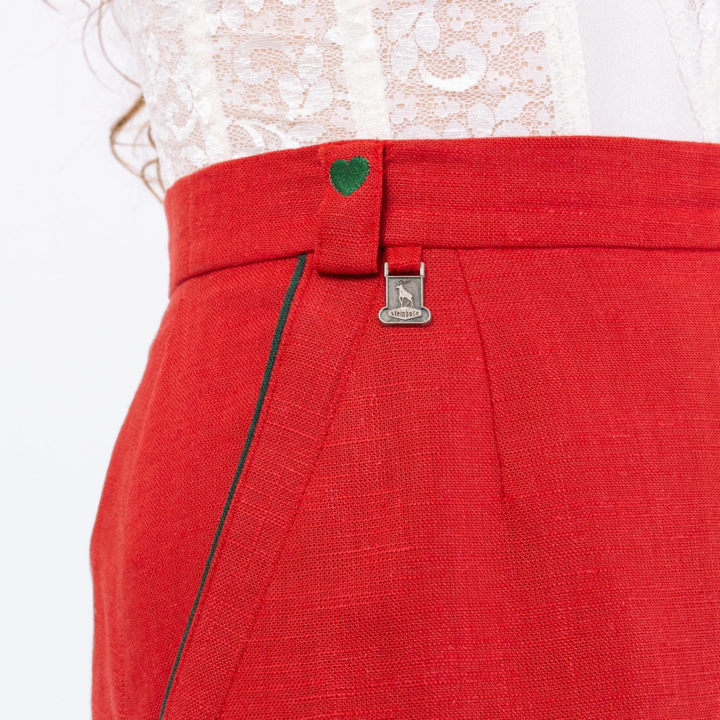 Vintage 90s Austrian Red Linen Embroidered Heart Folk Skirt - Large, 32" Waist