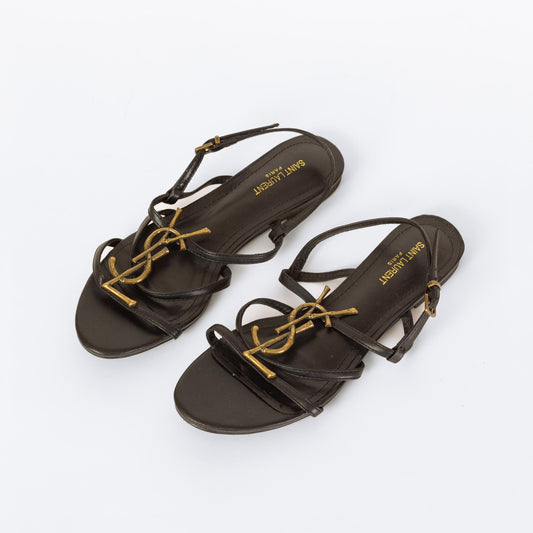 Yves Saint Laurent Cassandra Sandals - Size 40 | Designer Vintage YSL Logo Black Leather Flats