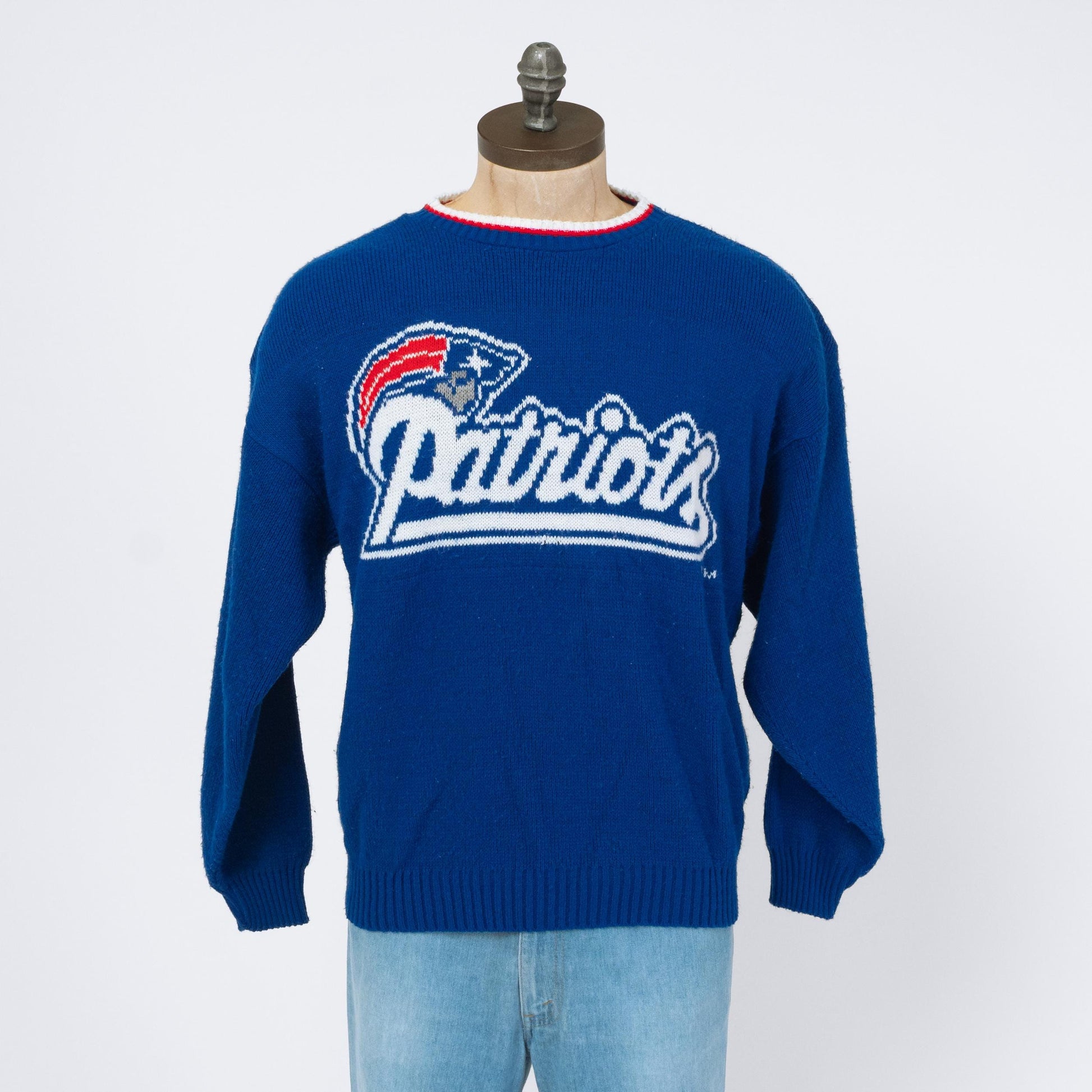 Vintage 80s New England Patriots Barrel II NFL Sweater - Medium | Blue Knit Football Pullover