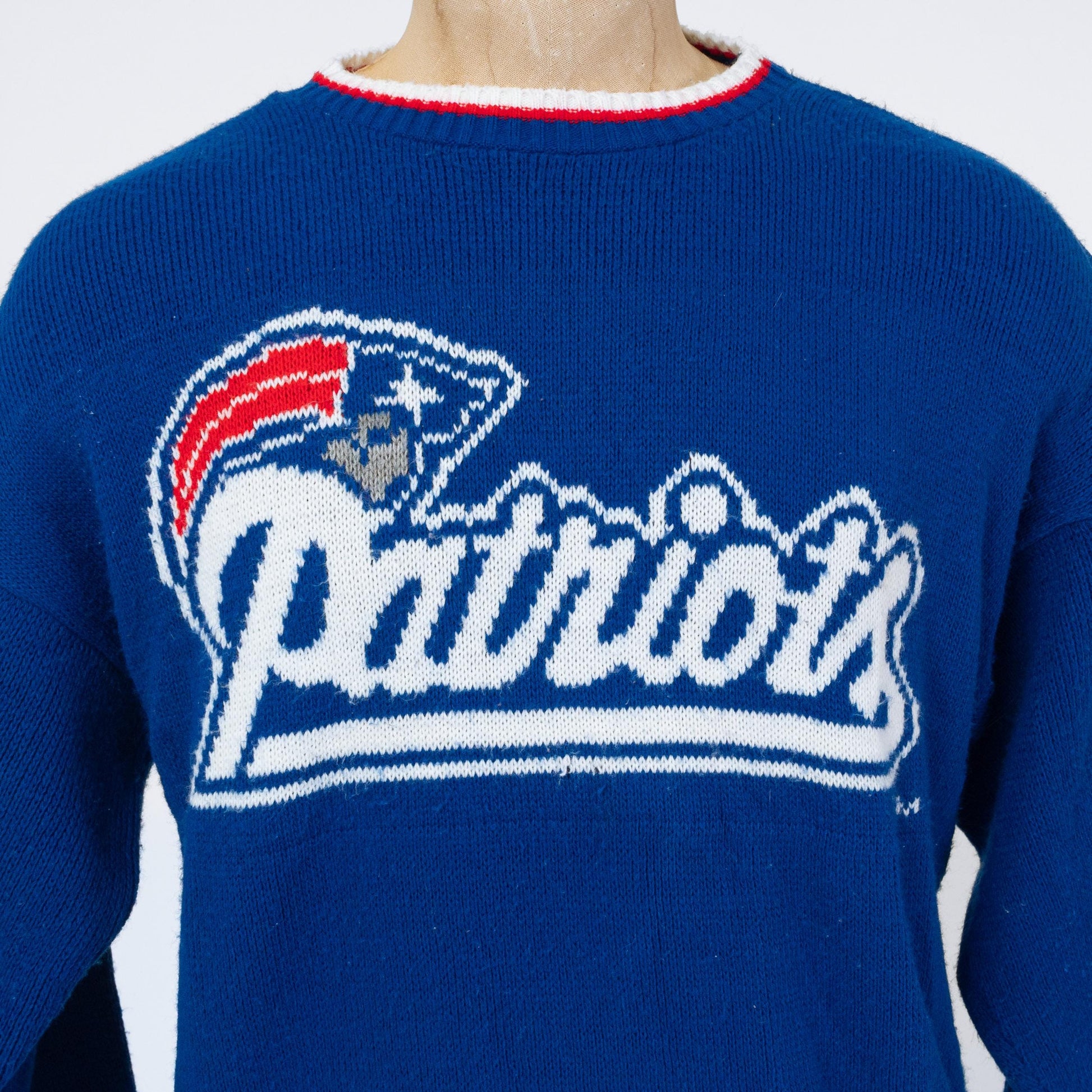Vintage 80s New England Patriots Barrel II NFL Sweater - Medium | Blue Knit Football Pullover