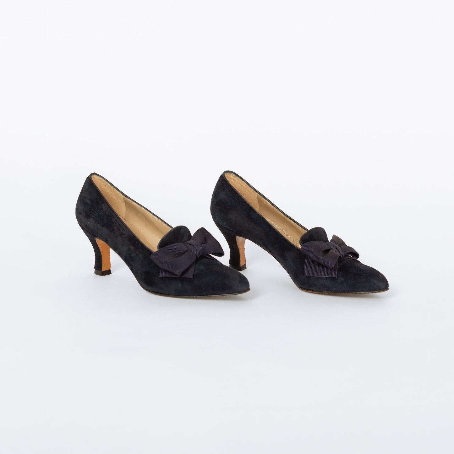Vintage Ferragamo 90s Navy Blue Suede Bow Pumps - Size 8.5 | Designer French Louis Kitten Heels