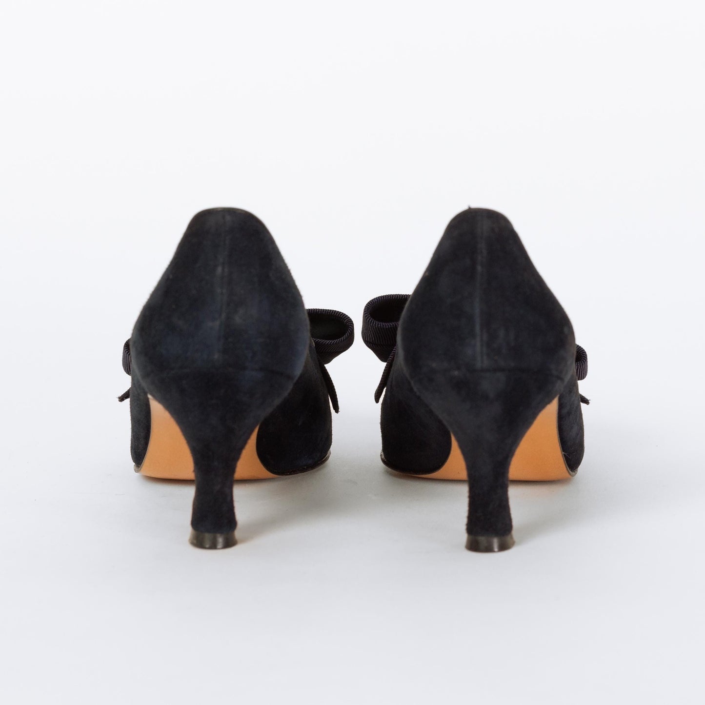 Vintage Ferragamo 90s Navy Blue Suede Bow Pumps - Size 8.5 | Designer French Louis Kitten Heels