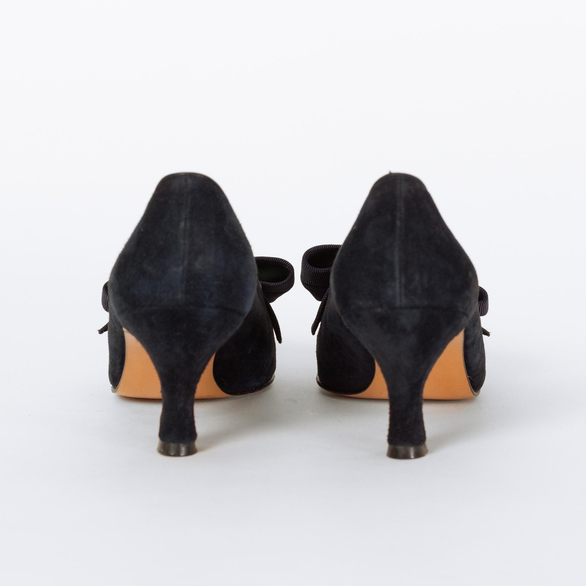 Vintage Ferragamo 90s Navy Blue Suede Bow Pumps - Size 8.5 | Designer French Louis Kitten Heels