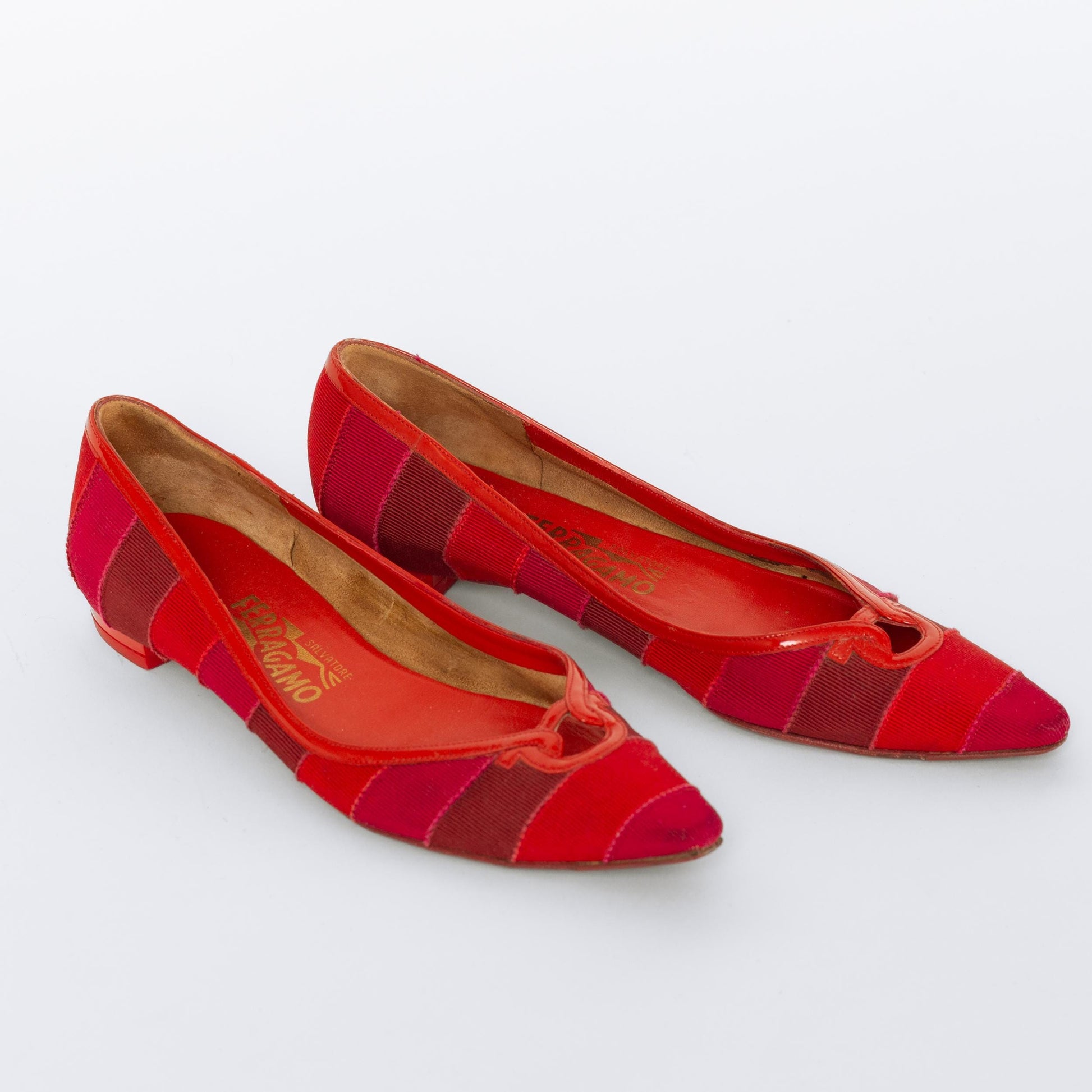 Vintage Ferragamo 90s Red Ribbon Striped Flats - Size 5.5 | Designer Pointed Toe Ballet Flats
