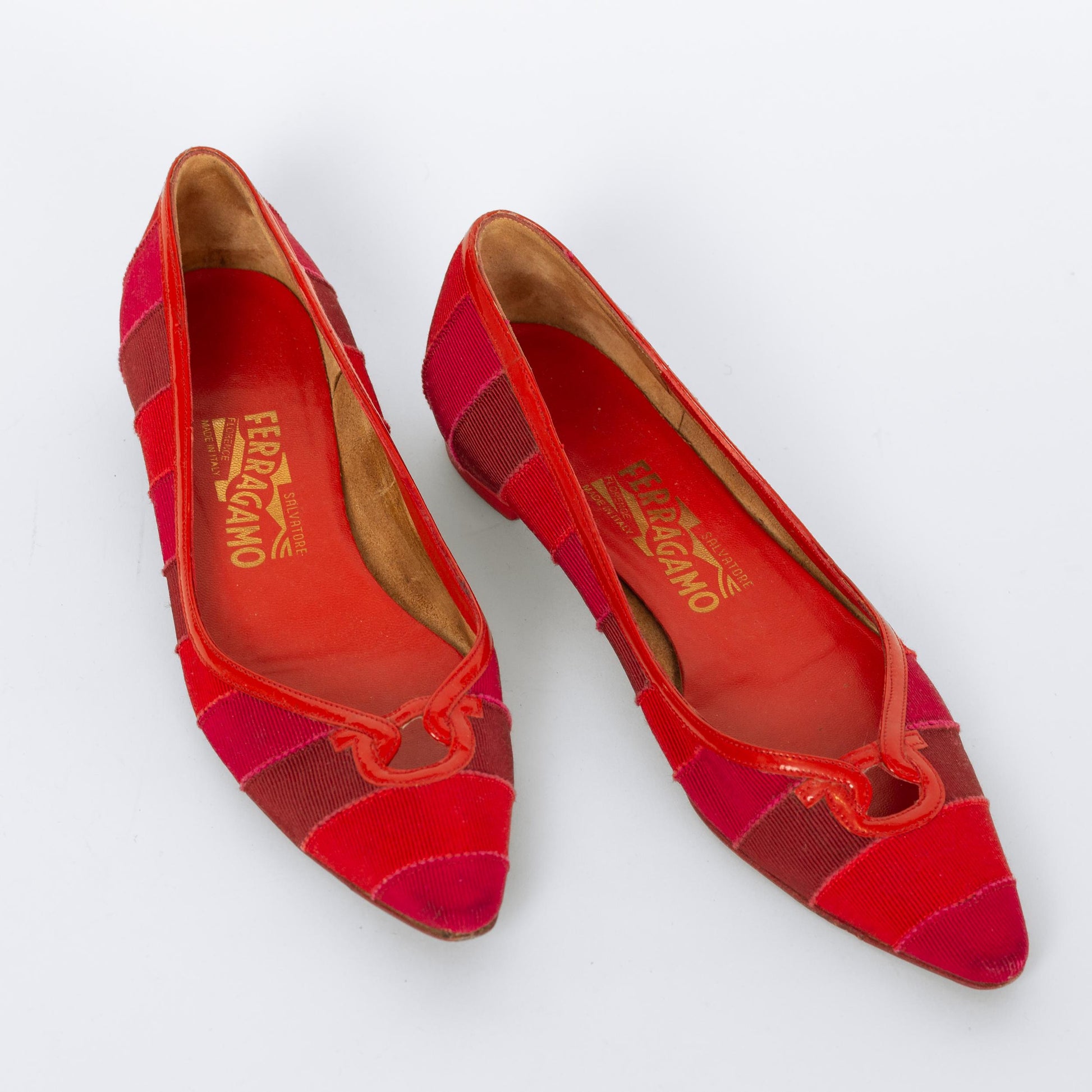 Vintage Ferragamo 90s Red Ribbon Striped Flats - Size 5.5 | Designer Pointed Toe Ballet Flats