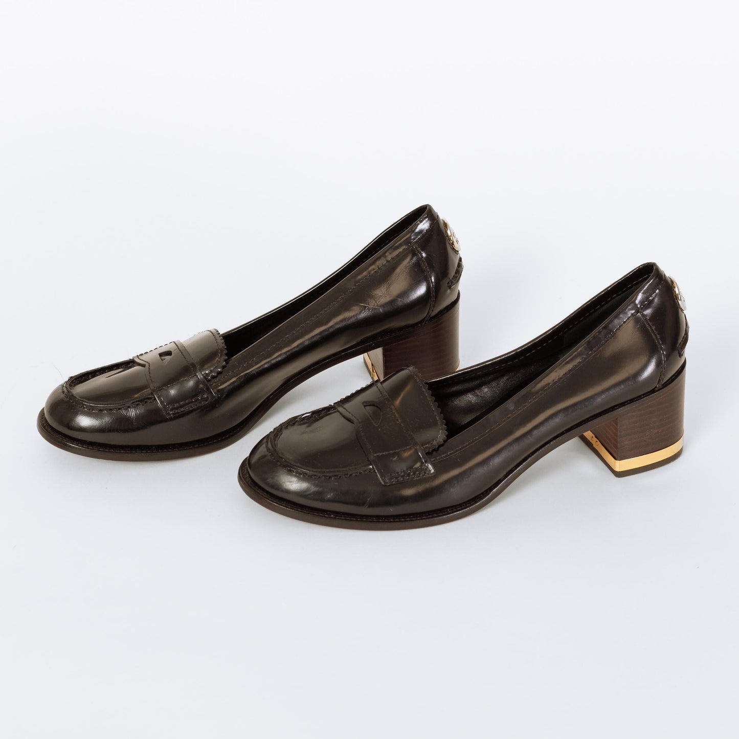 Tory Burch Black Leather Penny Loafer Pumps - Size 8.5 | Designer Logo Slip On Heels