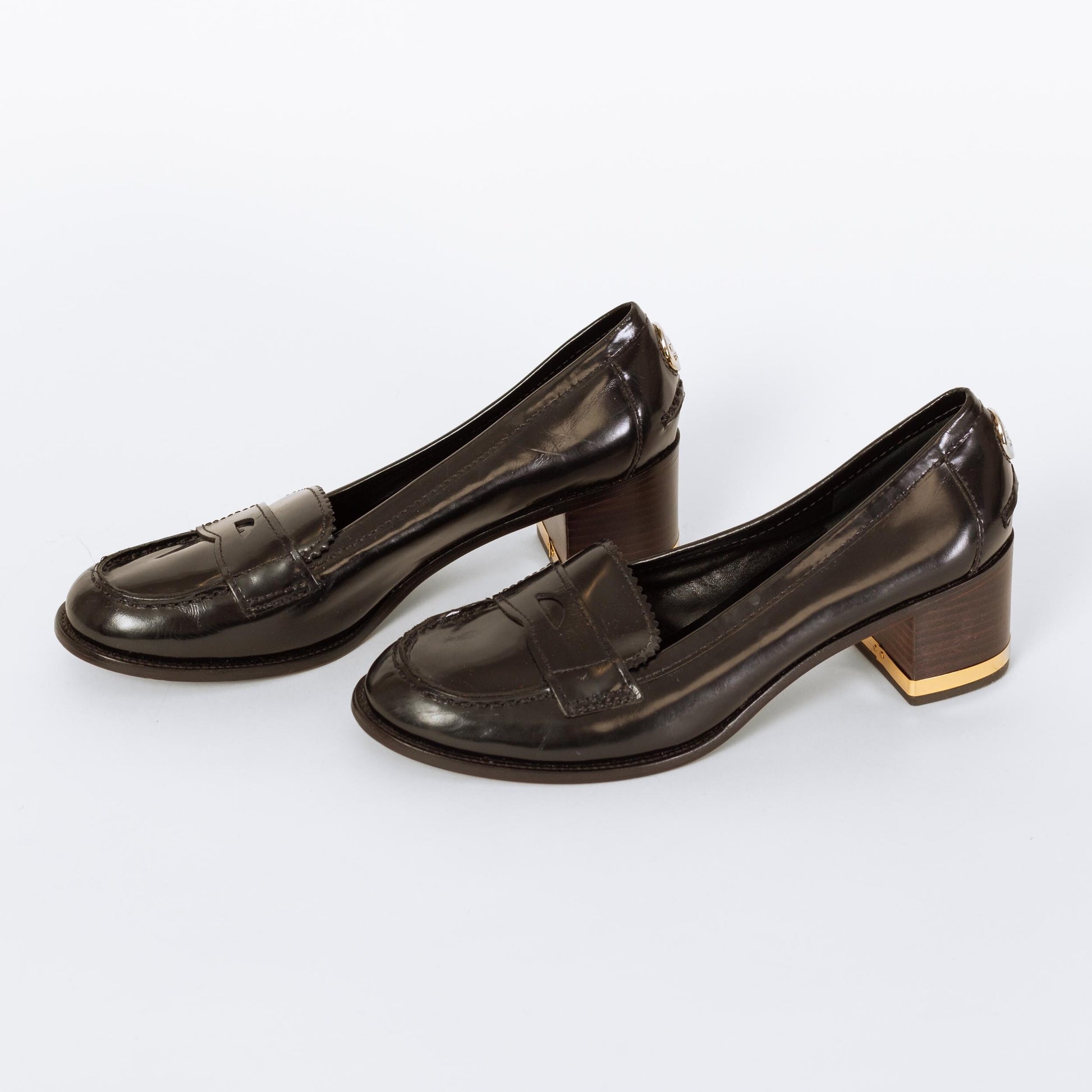 Tory Burch Black Leather Penny Loafer Pumps - Size 8.5 | Designer Logo Slip On Heels