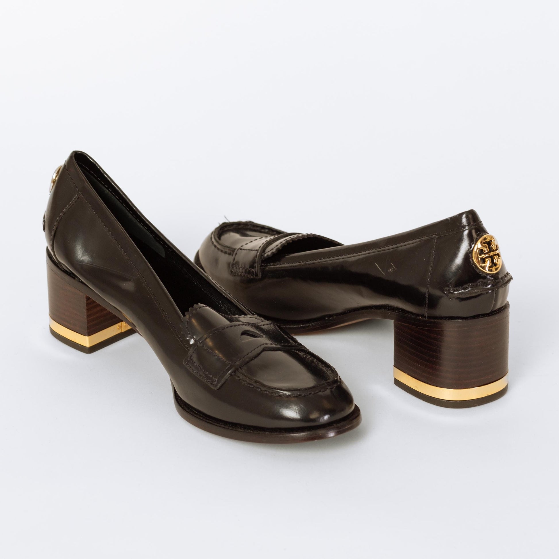 Tory Burch Black Leather Penny Loafer Pumps - Size 8.5 | Designer Logo Slip On Heels