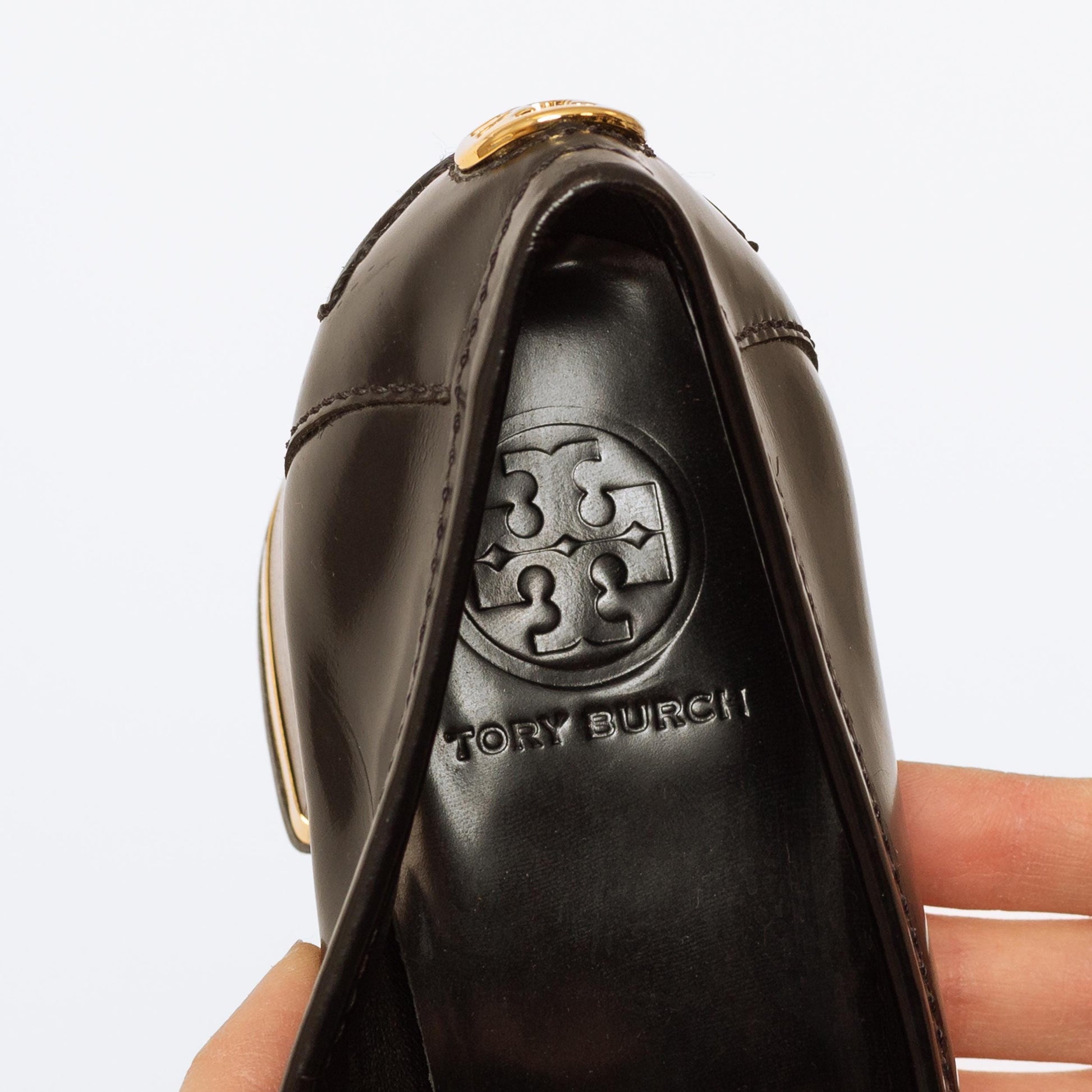 Tory Burch Black Leather Penny Loafer Pumps - Size 8.5 | Designer Logo Slip On Heels