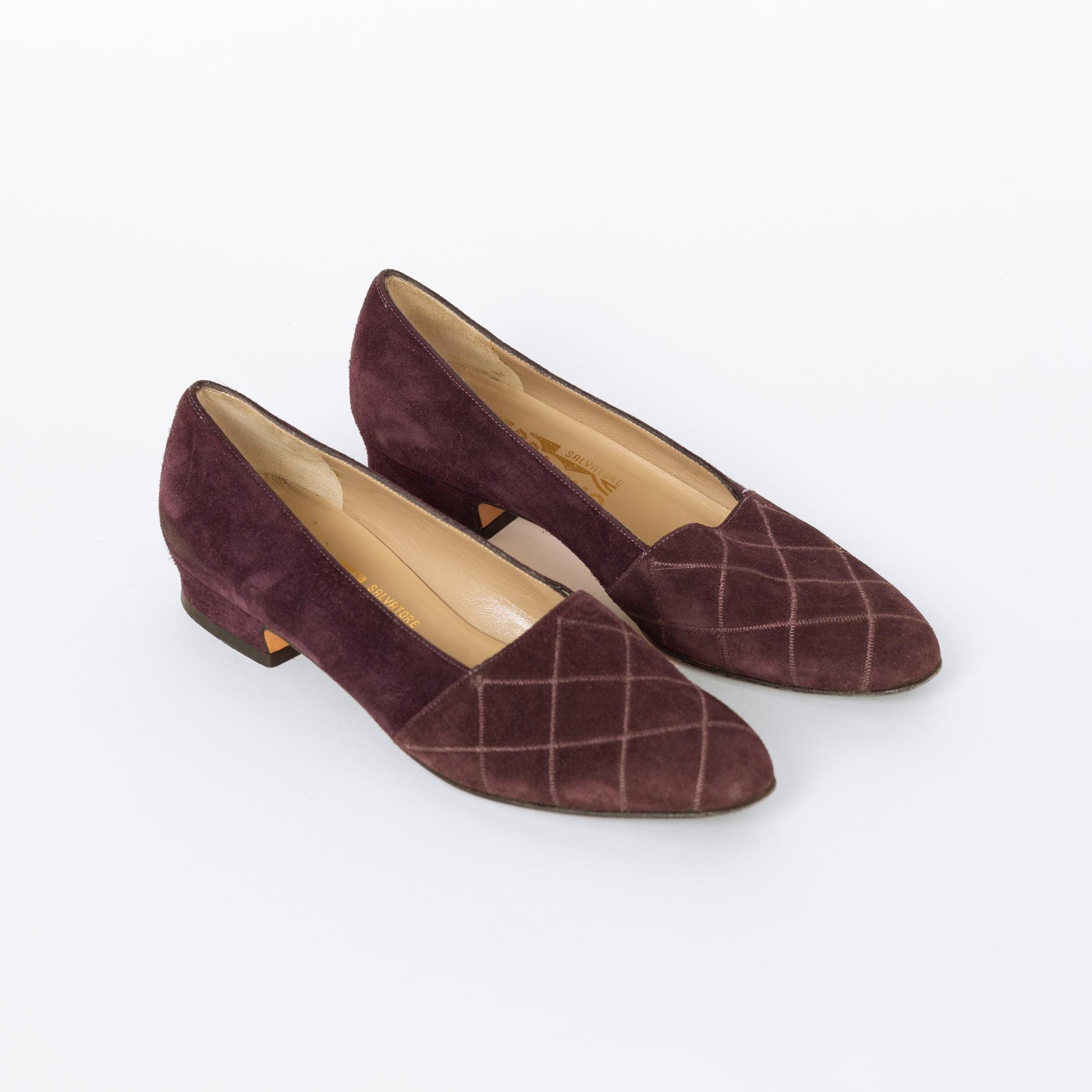 Vintage Ferragamo 90s Plum Suede Quilted Loafers - Size 5 | Designer Slip On Leather Shoes