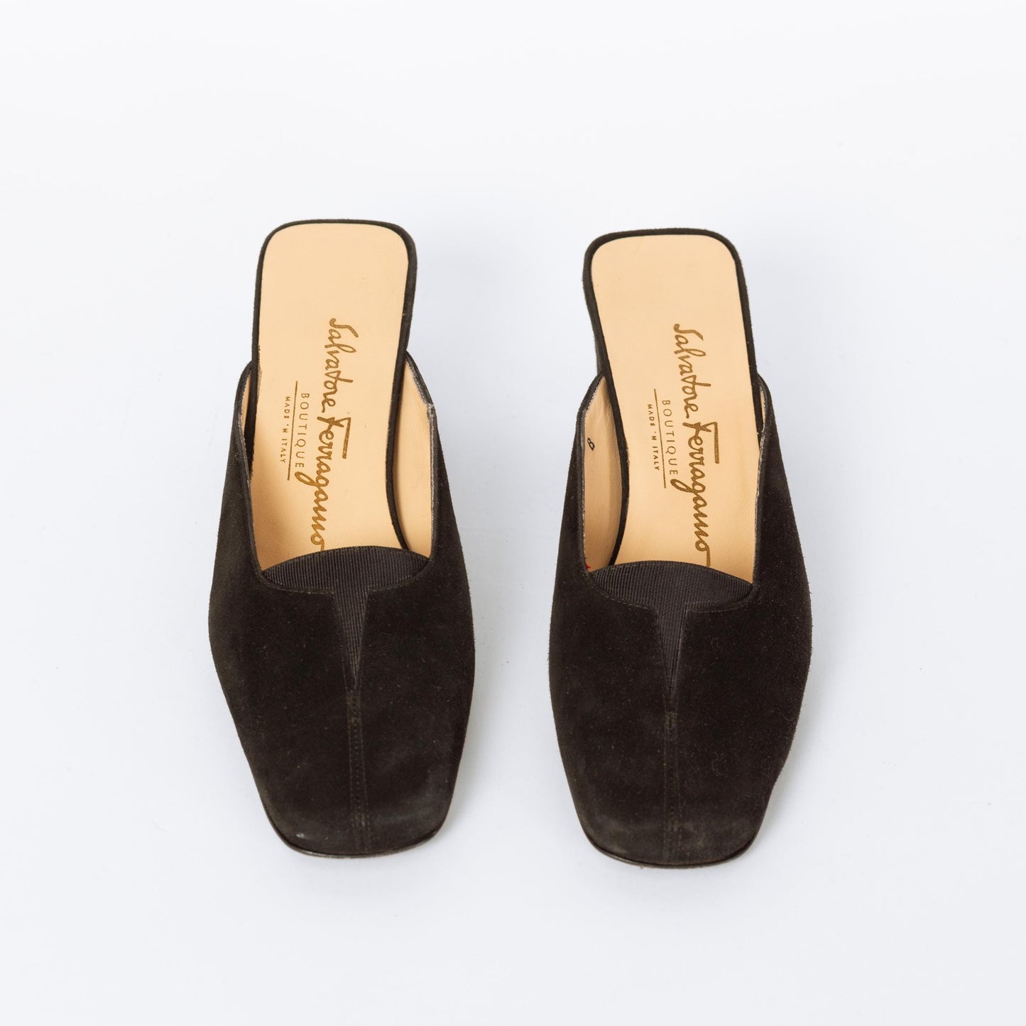 Vintage Ferragamo 90s Black Suede Mules - Size 5 | Designer Square Toe Block Heel Shoes