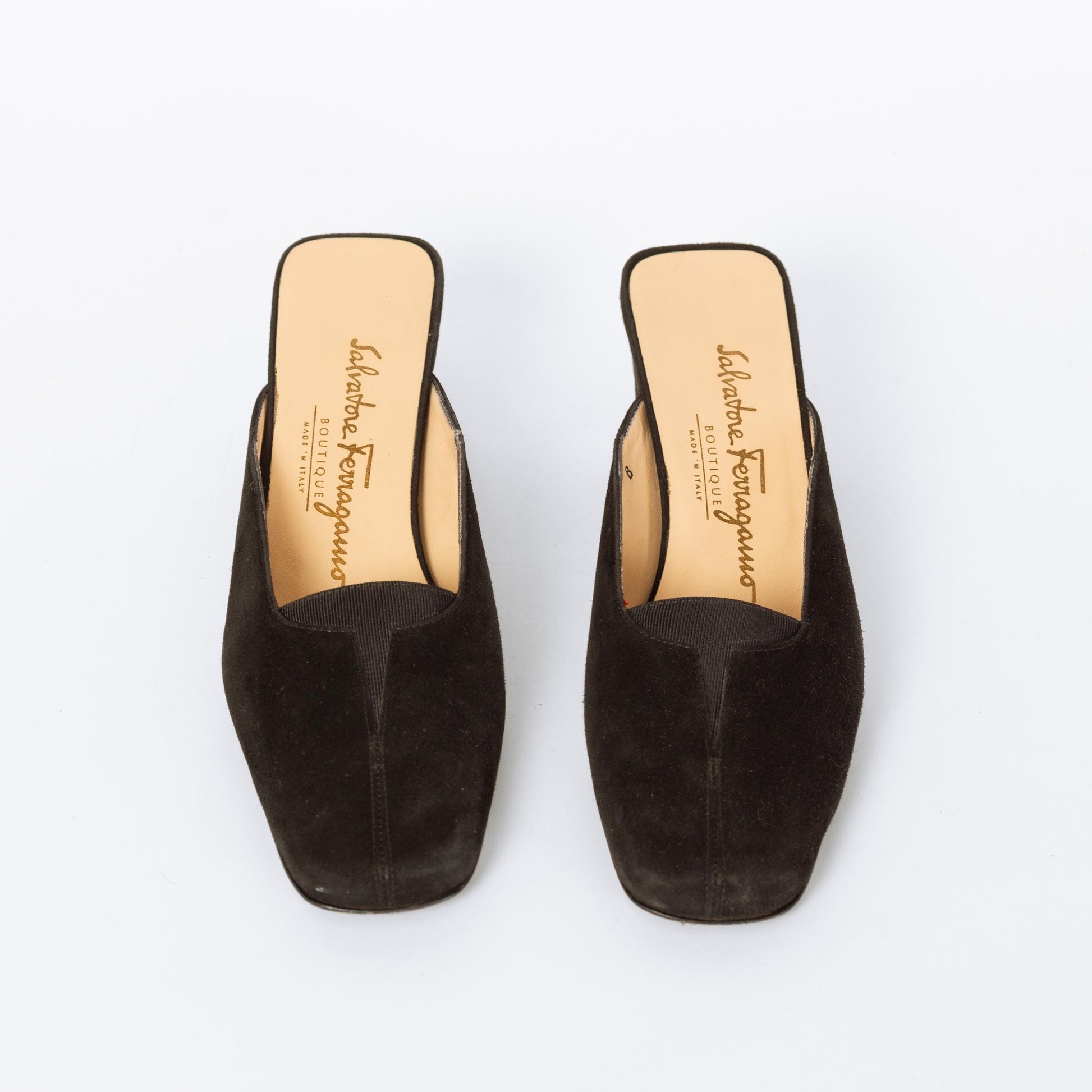 Vintage Ferragamo 90s Black Suede Mules - Size 5 | Designer Square Toe Block Heel Shoes