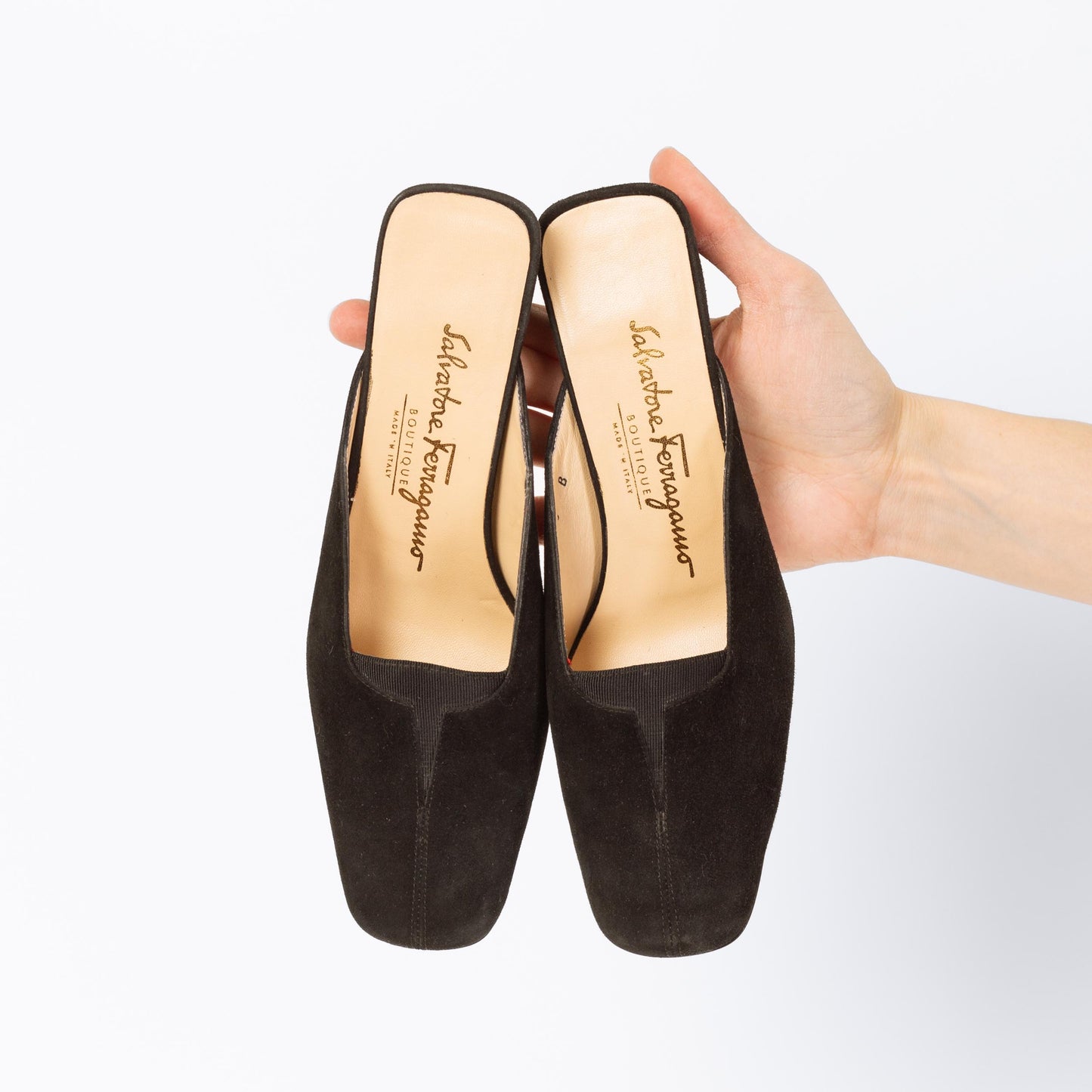 Vintage Ferragamo 90s Black Suede Mules - Size 5 | Designer Square Toe Block Heel Shoes