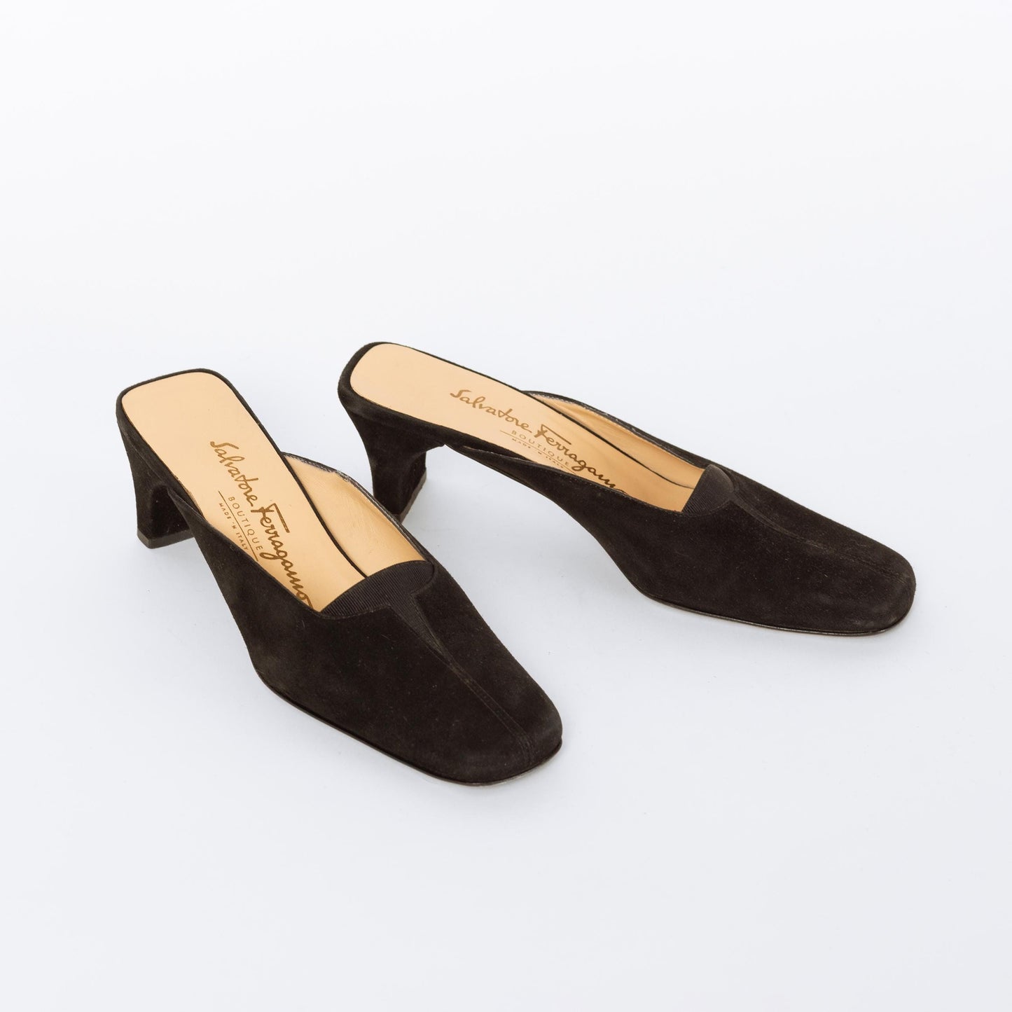 Vintage Ferragamo 90s Black Suede Mules - Size 5 | Designer Square Toe Block Heel Shoes