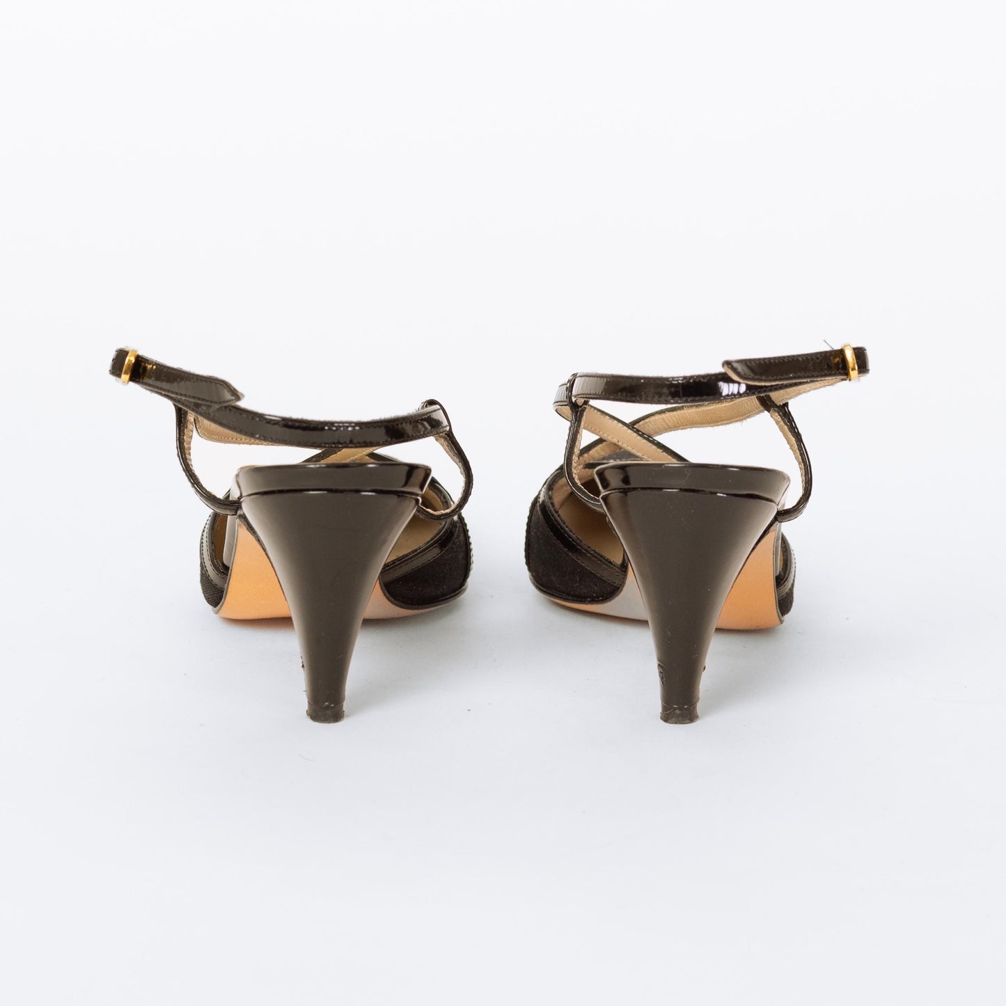 Vintage Ferragamo 90s Black Strappy Slingback Heels - Size 4.5-5 | Designer Canvas & Leather Pointed Toe Pumps