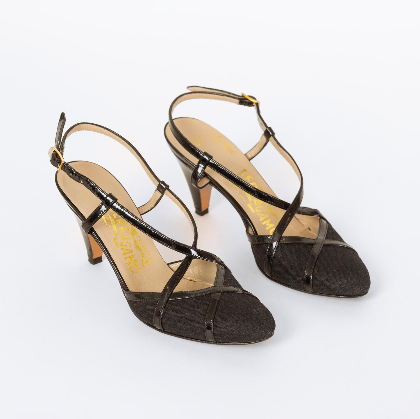 Vintage Ferragamo 90s Black Strappy Slingback Heels - Size 4.5-5 | Designer Canvas & Leather Pointed Toe Pumps