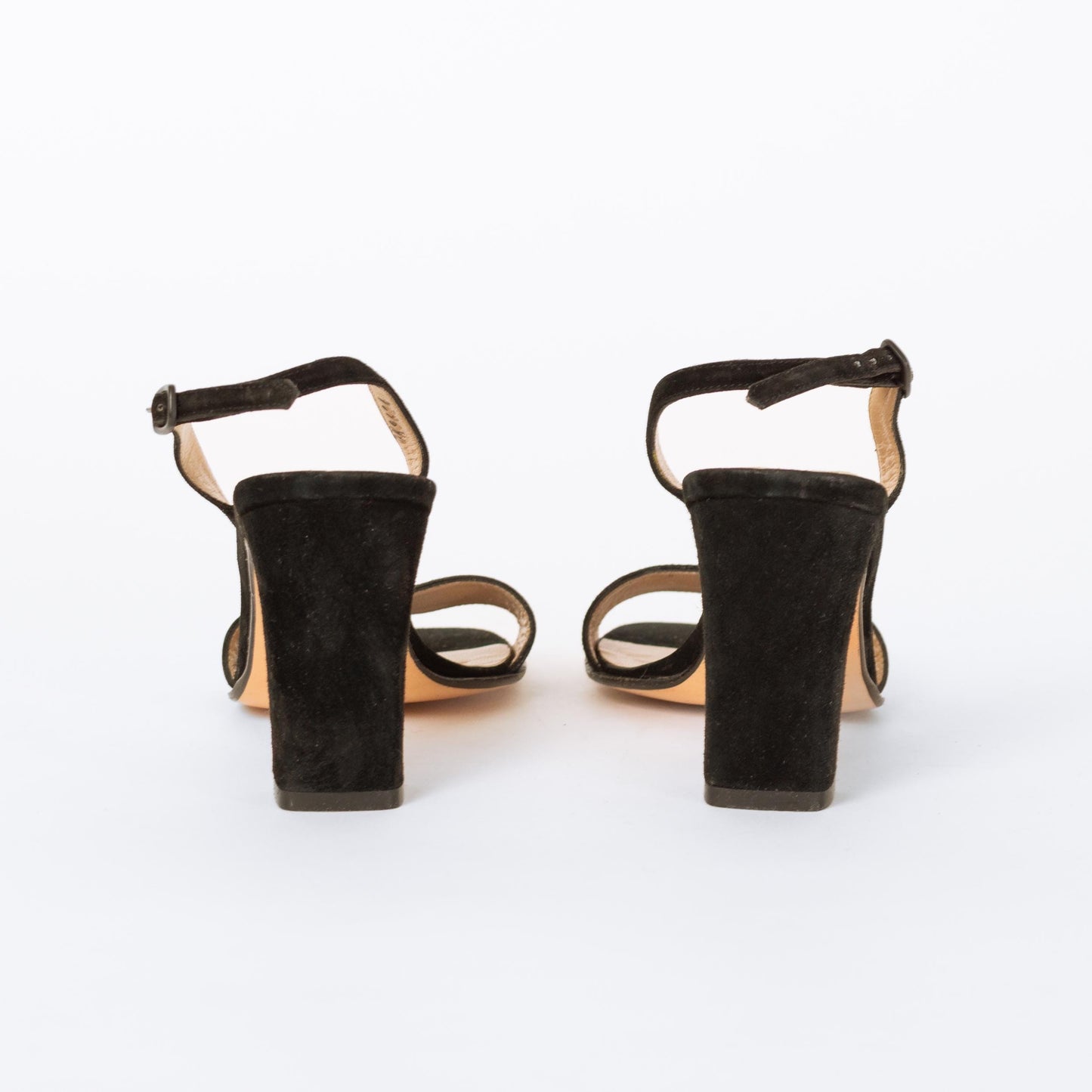 Vintage Ferragamo 90s Black Suede Buckle Strap Heels - Size 4.5 | Designer Open Toe Pumps