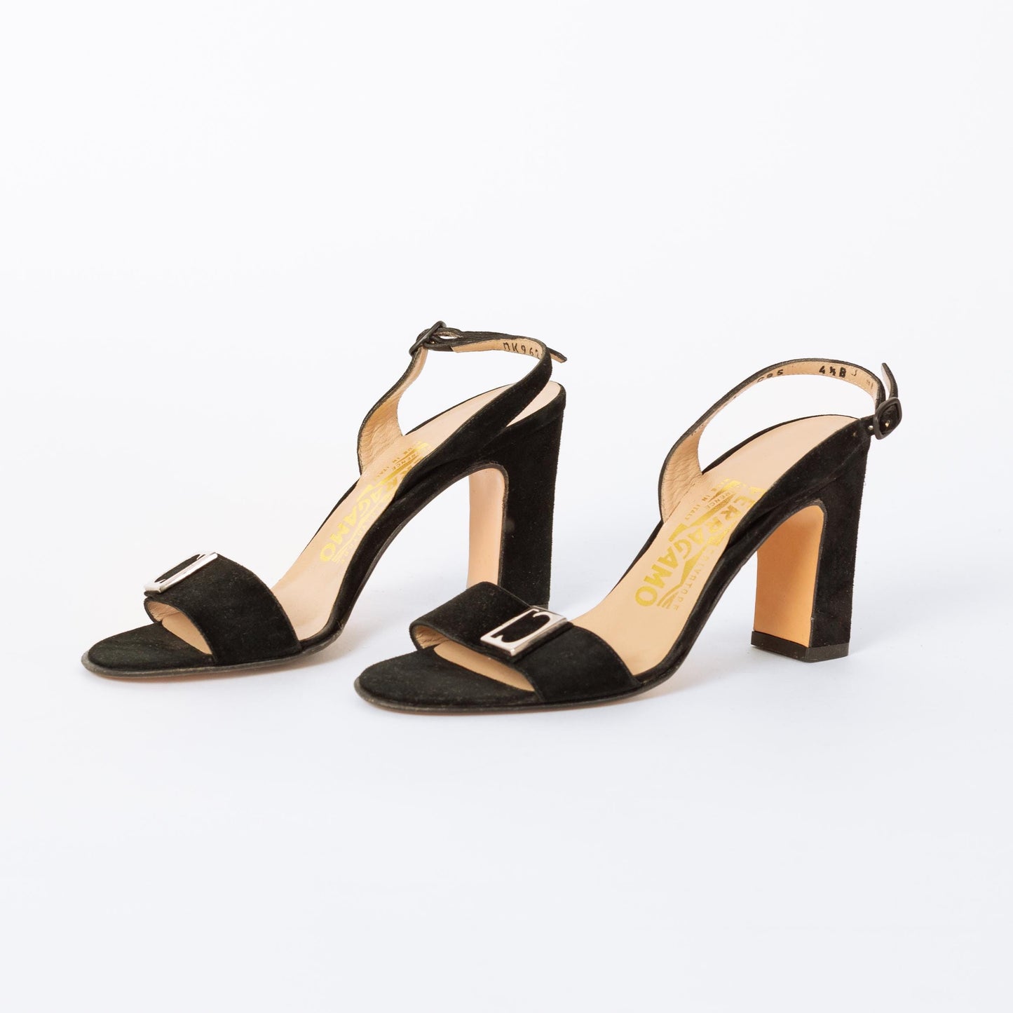 Vintage Ferragamo 90s Black Suede Buckle Strap Heels - Size 4.5 | Designer Open Toe Pumps