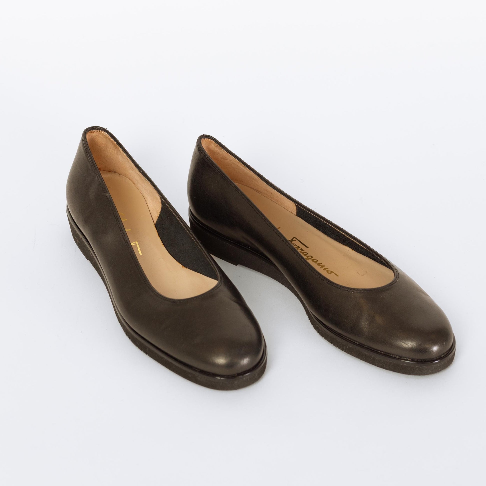 Vintage Ferragamo 90s Black Leather Ballet Flats - Size 5 | Designer Rounded Toe Low Wedge Heel Pumps