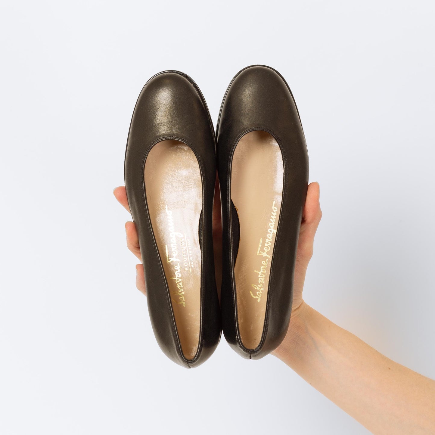 Vintage Ferragamo 90s Black Leather Ballet Flats - Size 5 | Designer Rounded Toe Low Wedge Heel Pumps