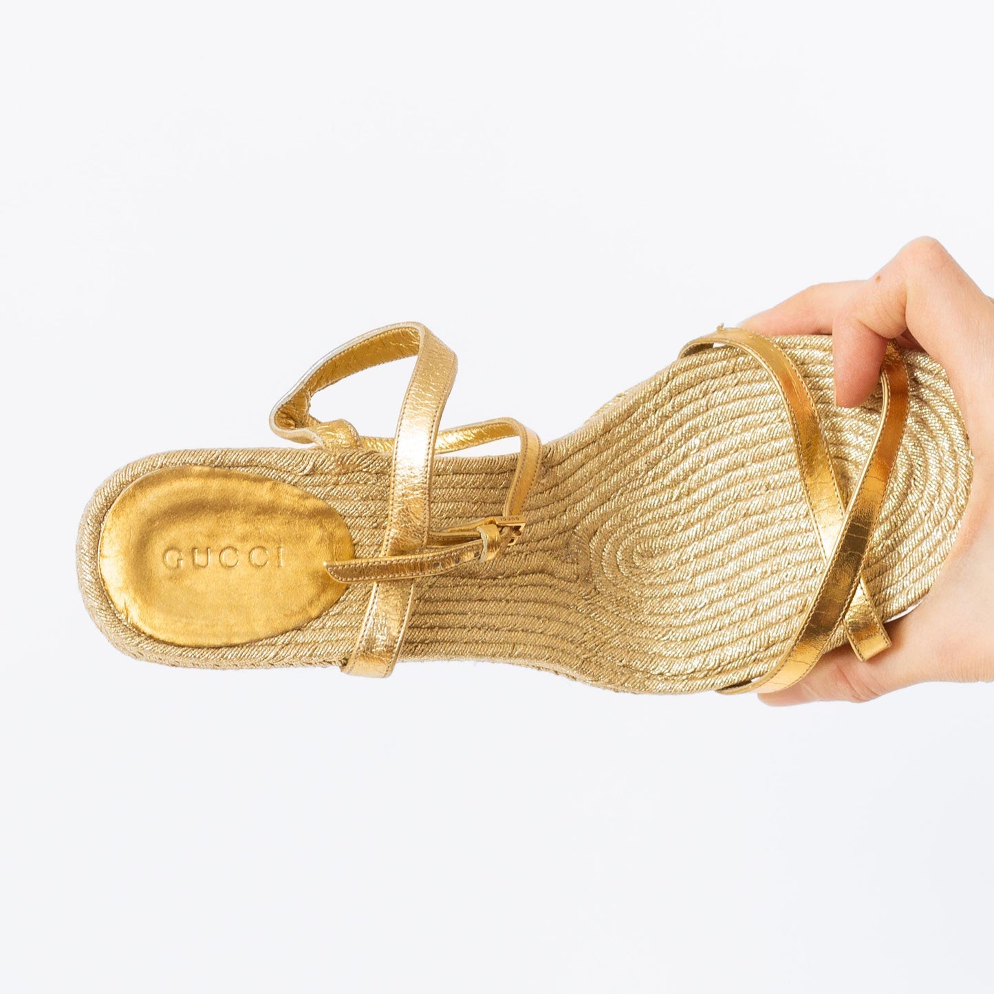 Gucci Gold Raffia Espadrille Wedges - Size 7.5-8 | Designer Y2K Metallic Platform Heeled Sandals