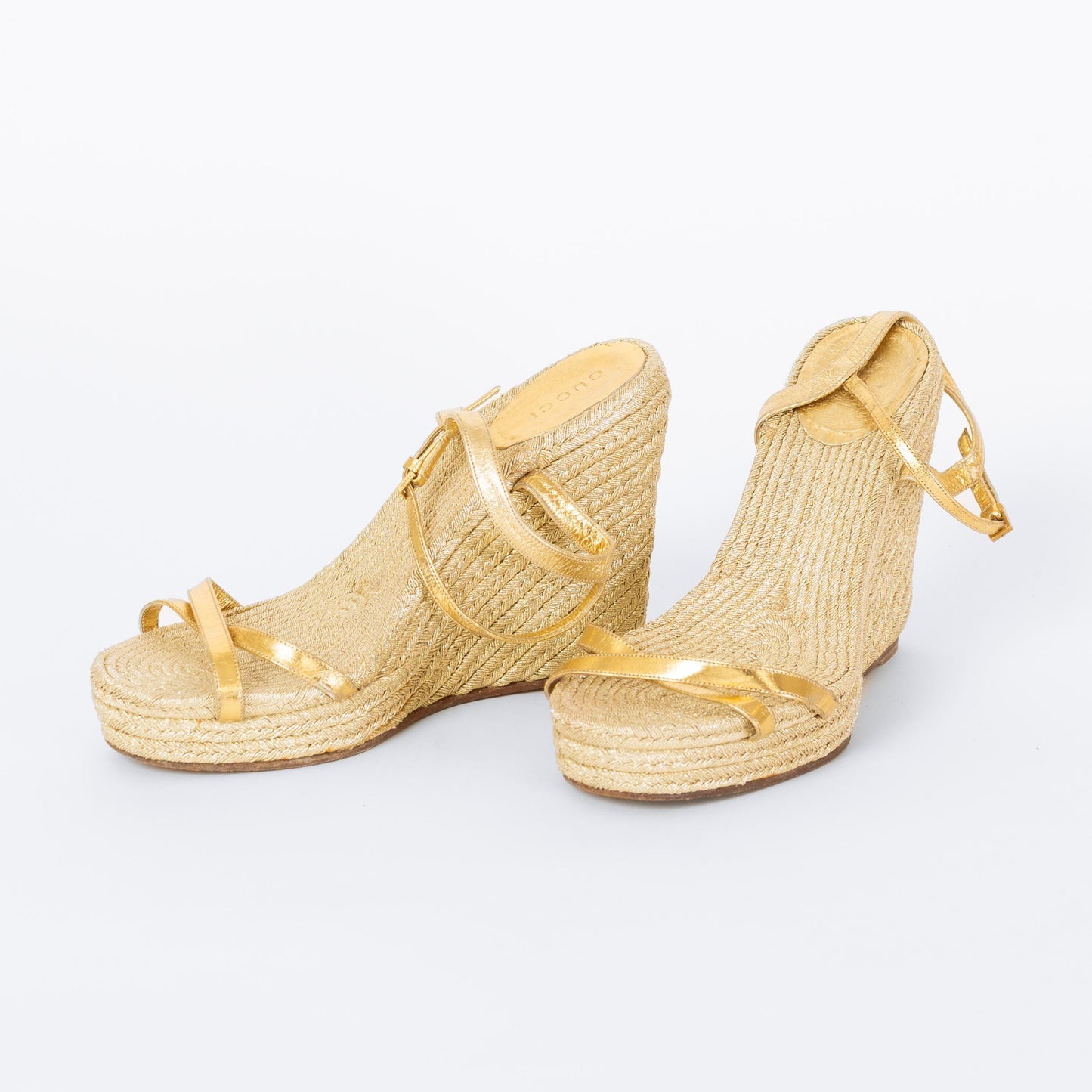 Gucci Gold Raffia Espadrille Wedges - Size 7.5-8 | Designer Y2K Metallic Platform Heeled Sandals
