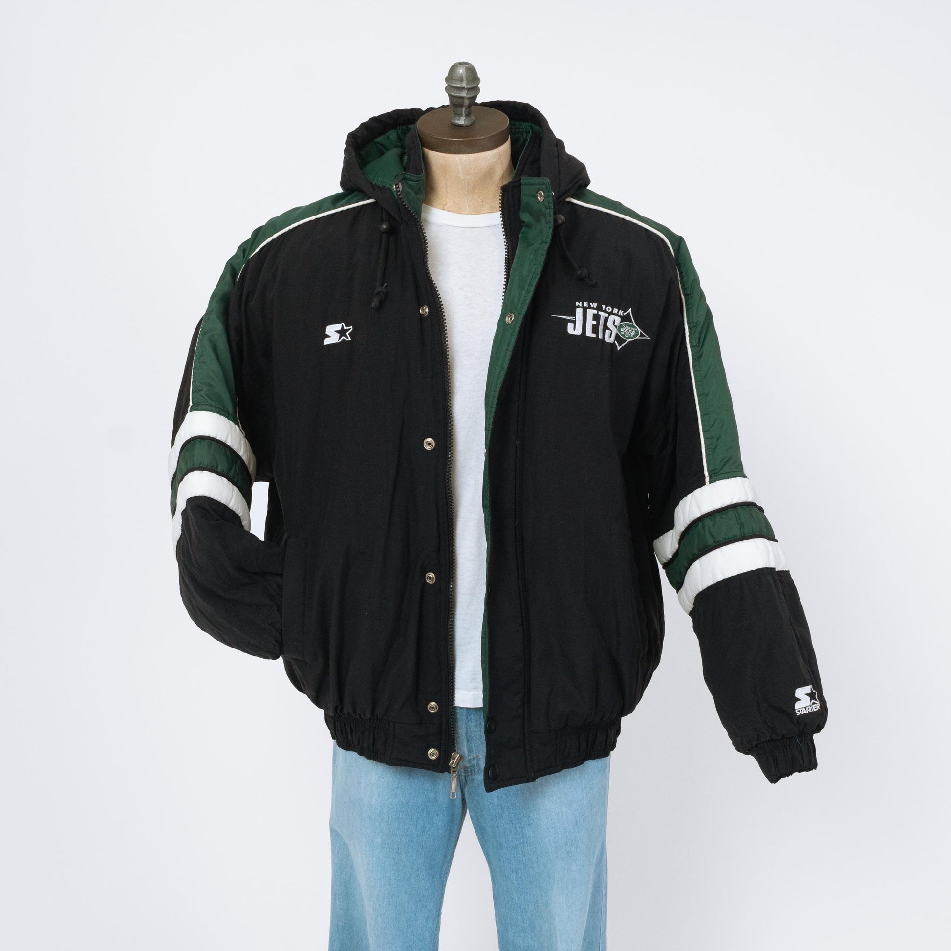 Vintage 90s New York Jets Starter Jacket - Extra Large | NFL Football Oversize Hooded Puffy Winter Coat