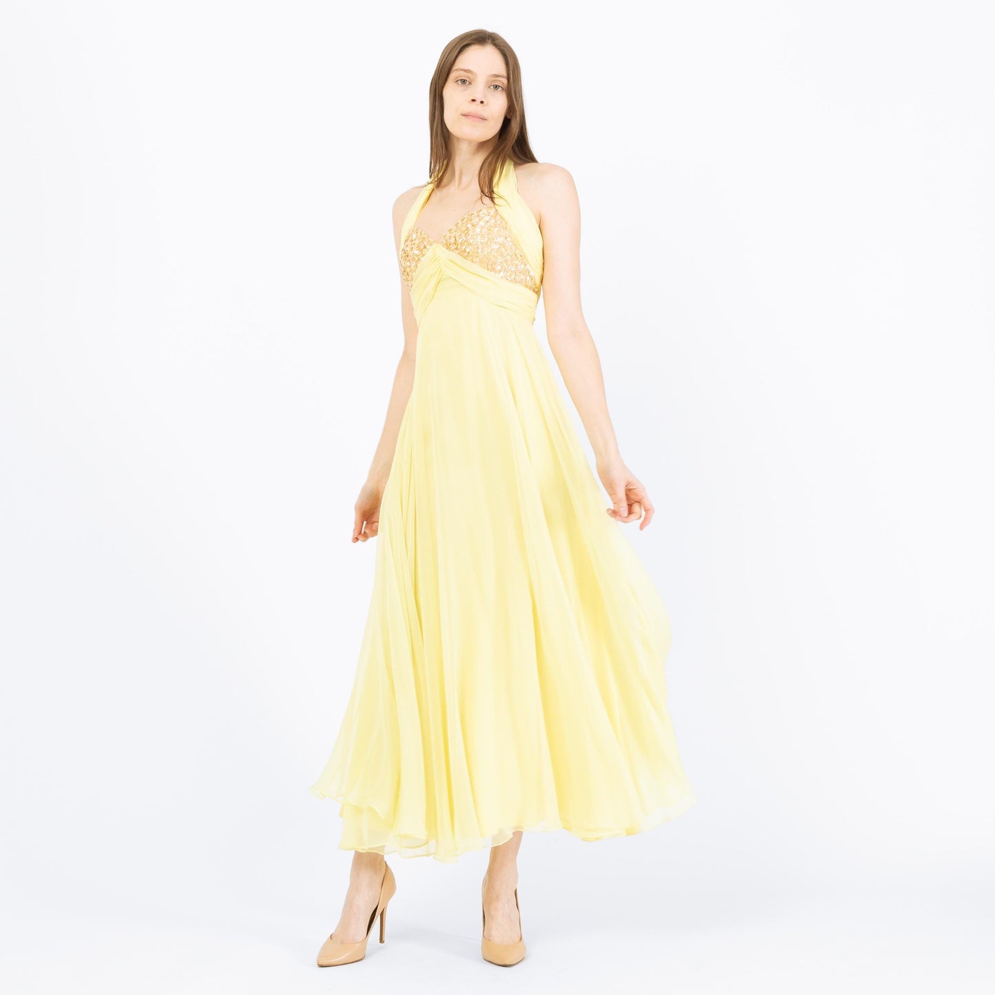 Vintage 70s Mike Benet Yellow Chiffon Halter Gown - Extra Small | Sequin Trim Formal Disco Prom Dress