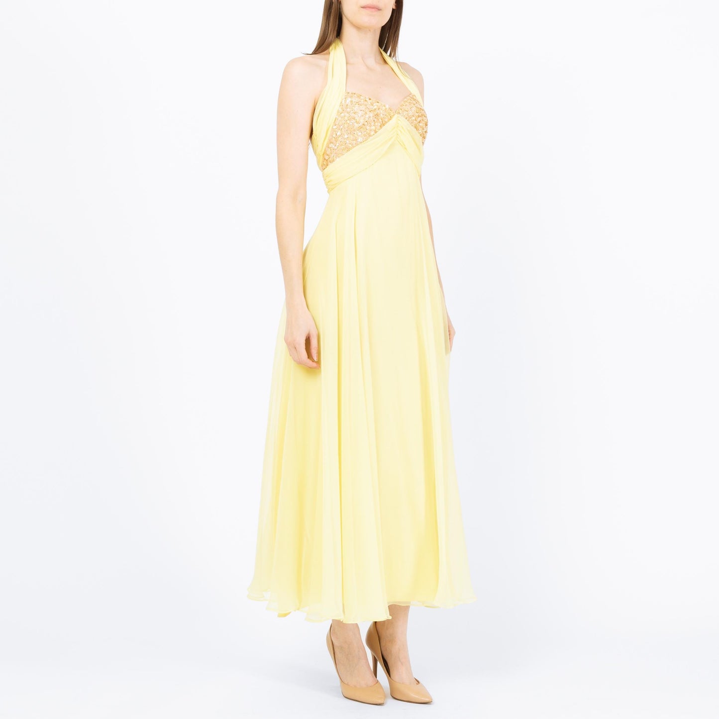 Vintage 70s Mike Benet Yellow Chiffon Halter Gown - Extra Small | Sequin Trim Formal Disco Prom Dress