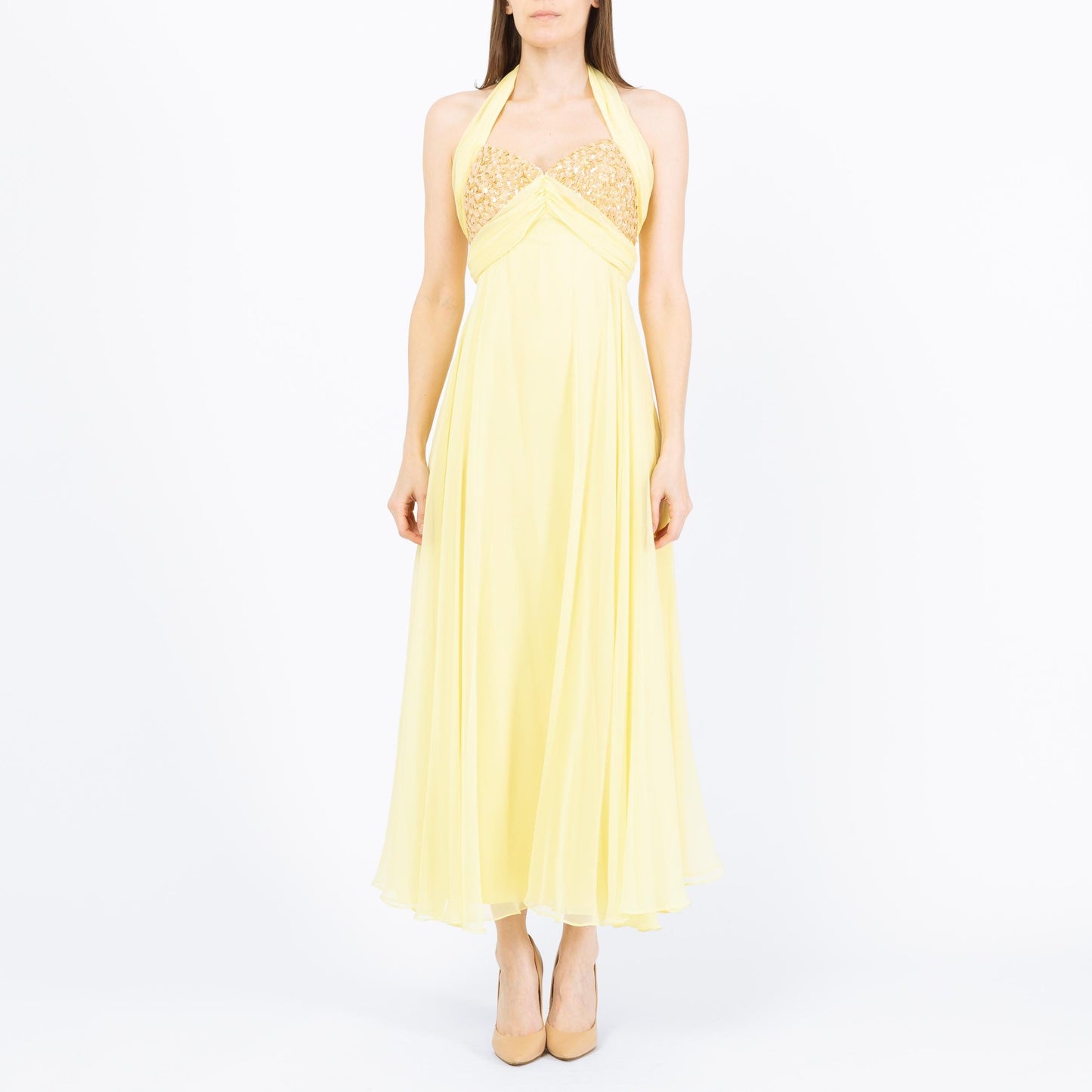 Vintage 70s Mike Benet Yellow Chiffon Halter Gown - Extra Small | Sequin Trim Formal Disco Prom Dress