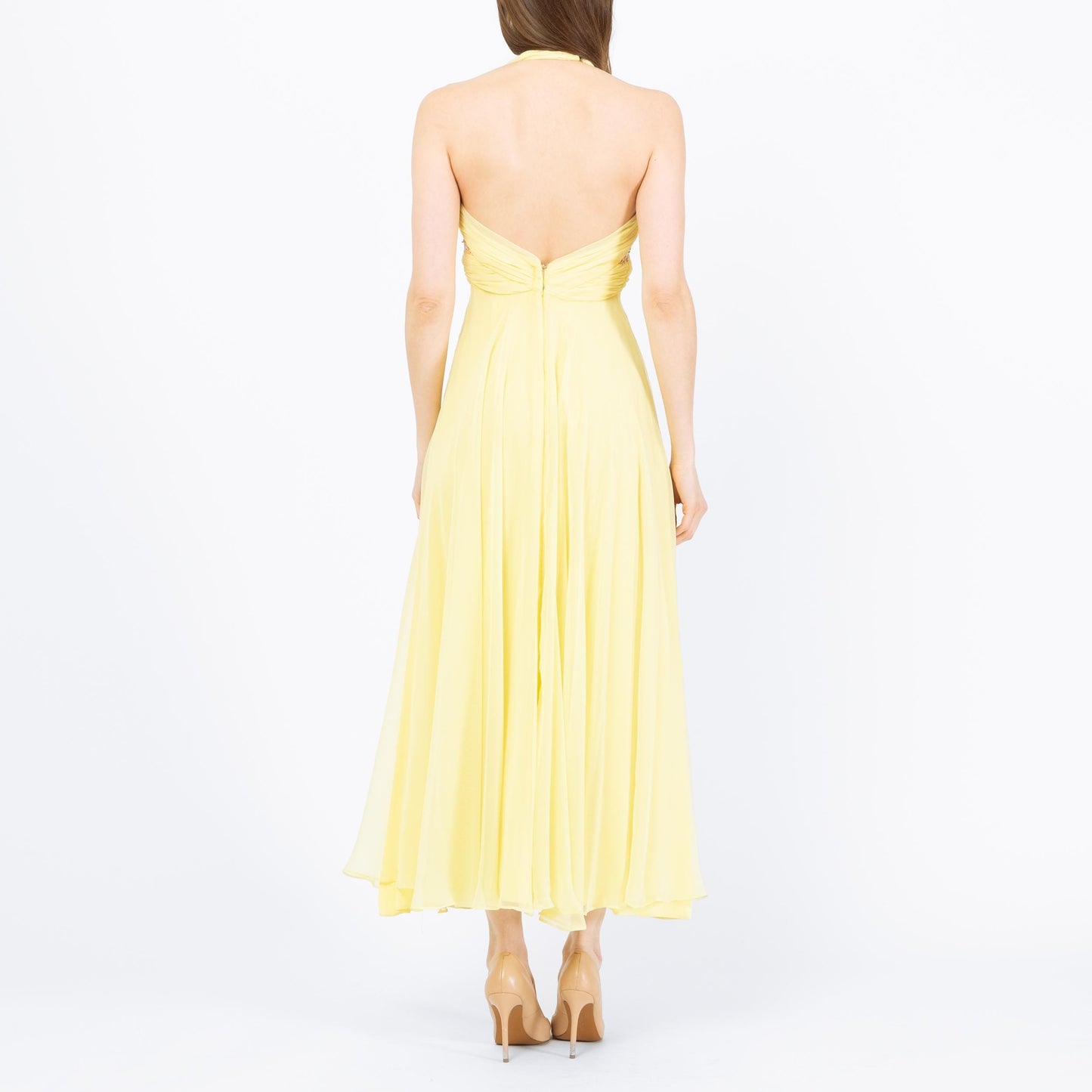 Vintage 70s Mike Benet Yellow Chiffon Halter Gown - Extra Small | Sequin Trim Formal Disco Prom Dress