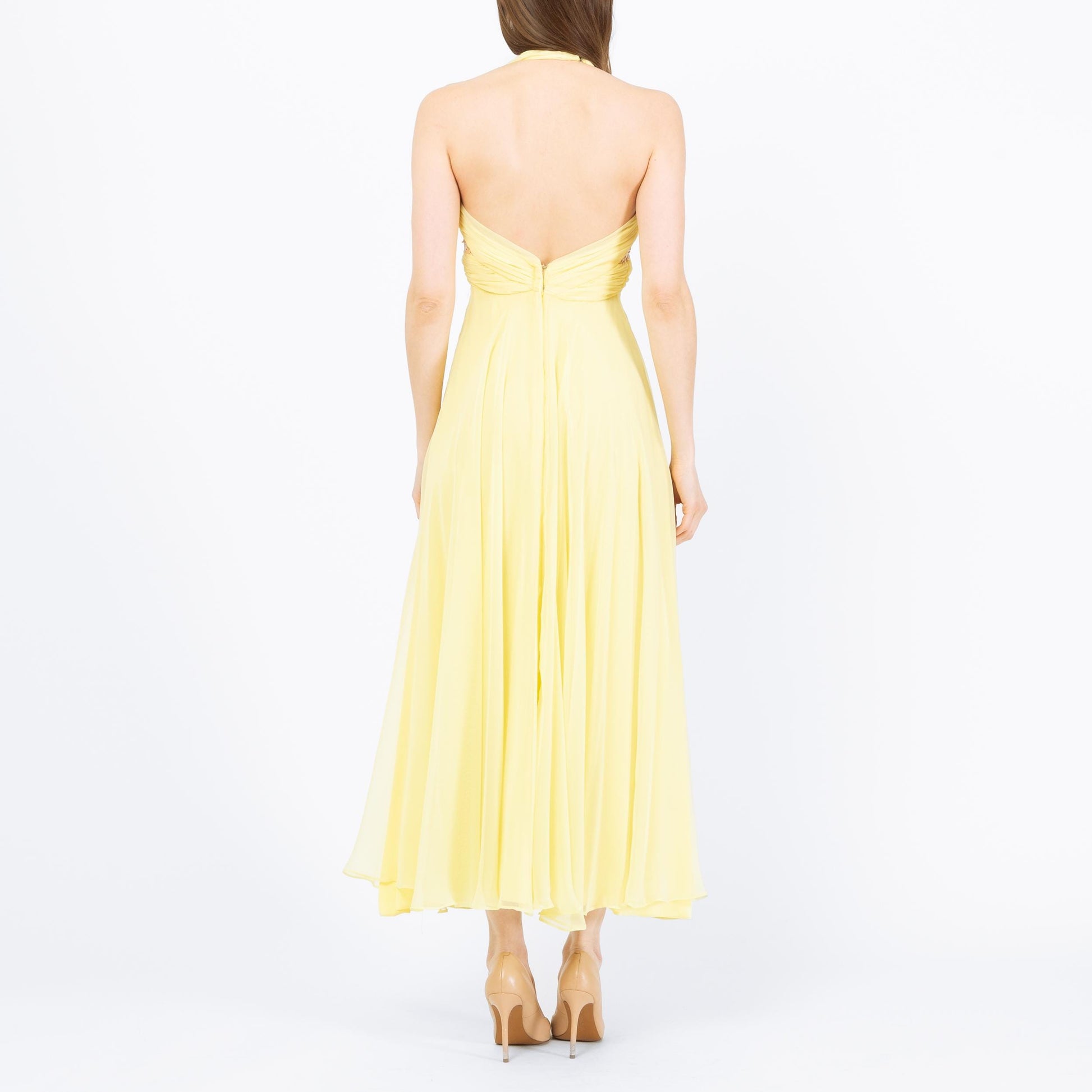 Vintage 70s Mike Benet Yellow Chiffon Halter Gown - Extra Small | Sequin Trim Formal Disco Prom Dress