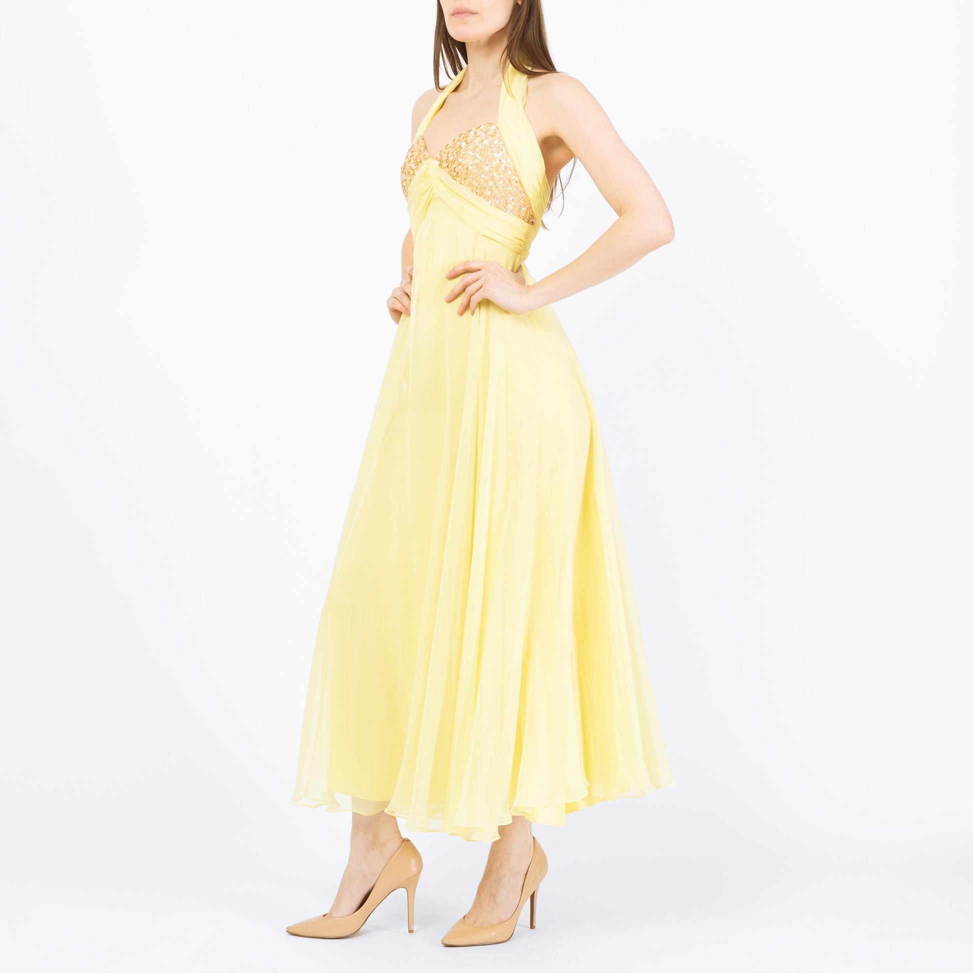 Vintage 70s Mike Benet Yellow Chiffon Halter Gown - Extra Small | Sequin Trim Formal Disco Prom Dress