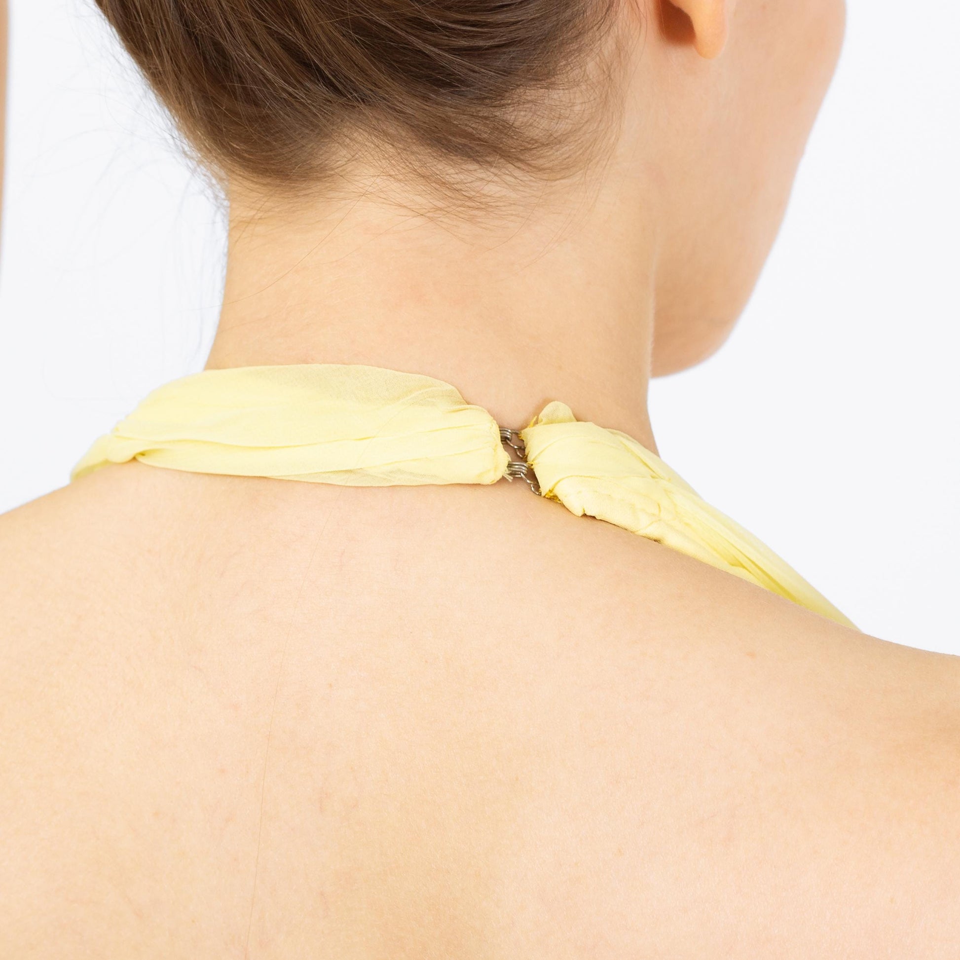 Vintage 70s Mike Benet Yellow Chiffon Halter Gown - Extra Small | Sequin Trim Formal Disco Prom Dress